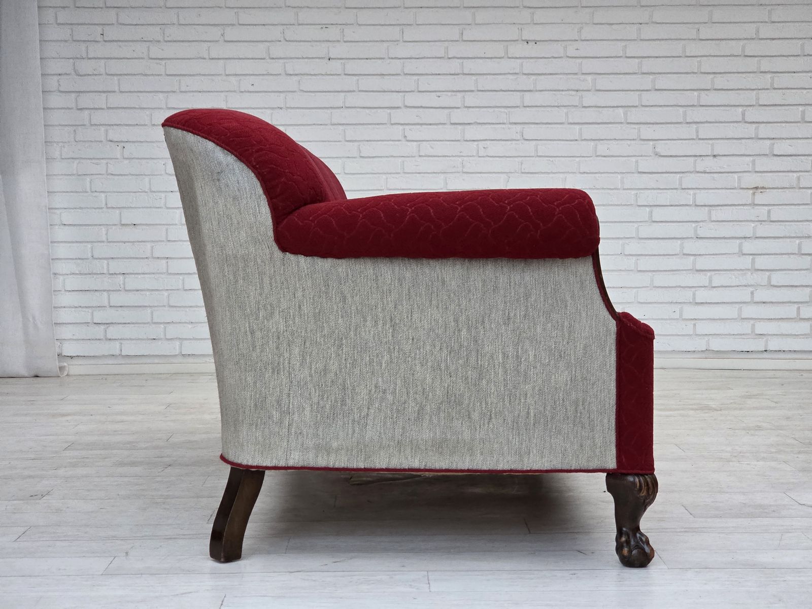1950s, Danish 3 Seater Sofa, Red And Light Grey Furniture Wool, Carved Oak Wood. photo 1990.0