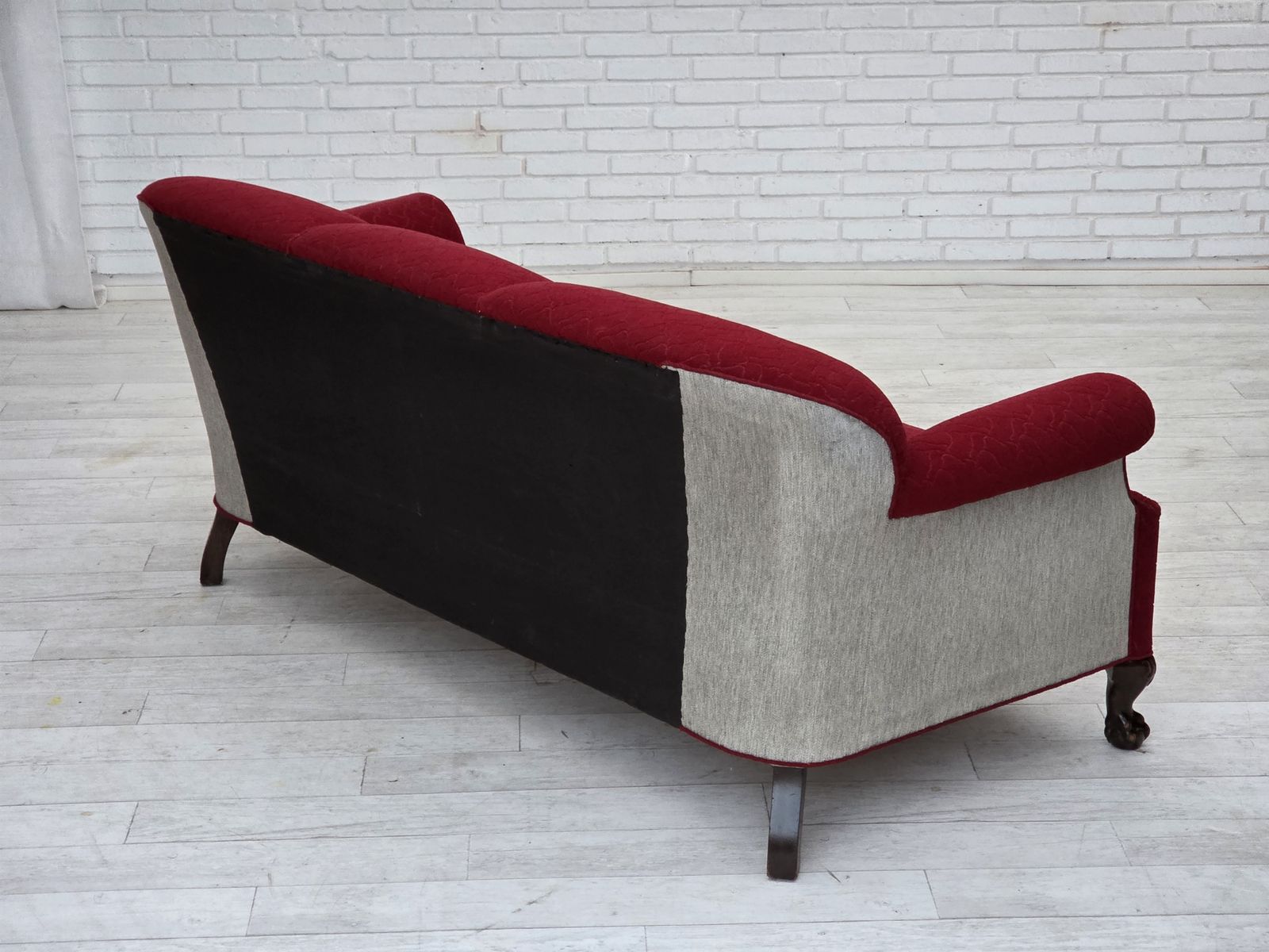 1950s, Danish 3 Seater Sofa, Red And Light Grey Furniture Wool, Carved Oak Wood. photo buy