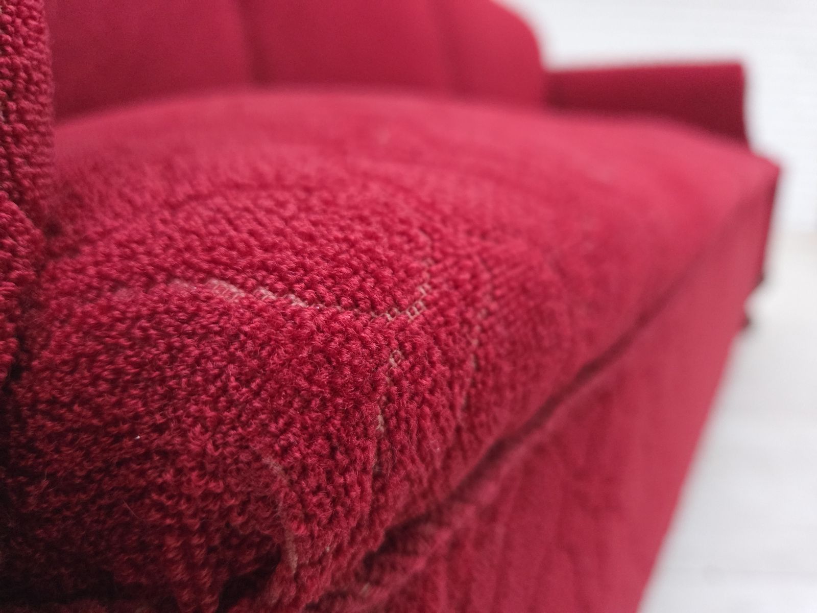 photo for sale 1950s, Danish 3 Seater Sofa, Red And Light Grey Furniture Wool, Carved Oak Wood.