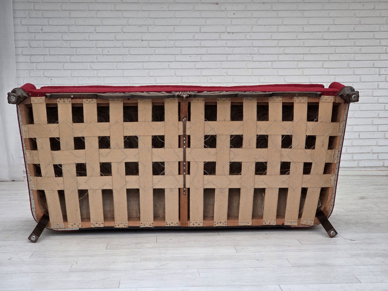1990.0 1950s, Danish 3 Seater Sofa, Red And Light Grey Furniture Wool, Carved Oak Wood. photo