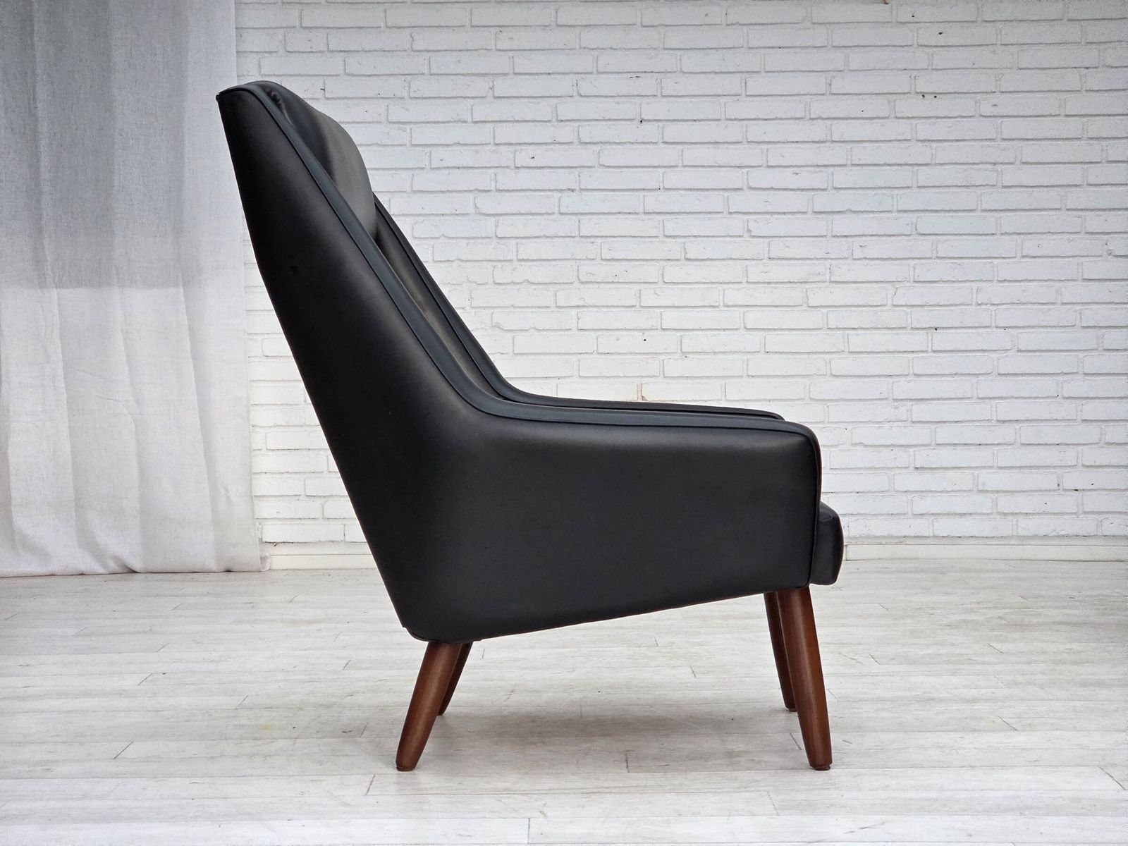 1970s, Danish Highback Armchair, Black Artificial Leather, Teak Wood Legs. photo Furniture