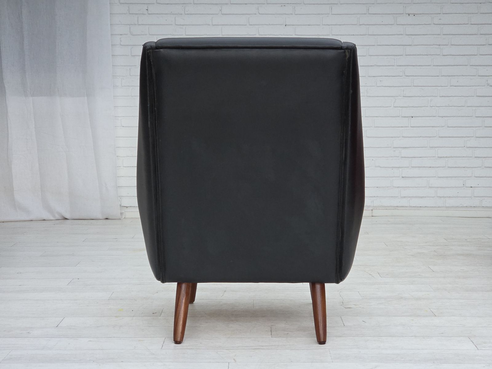 1970s, Danish Highback Armchair, Black Artificial Leather, Teak Wood Legs. photo buy