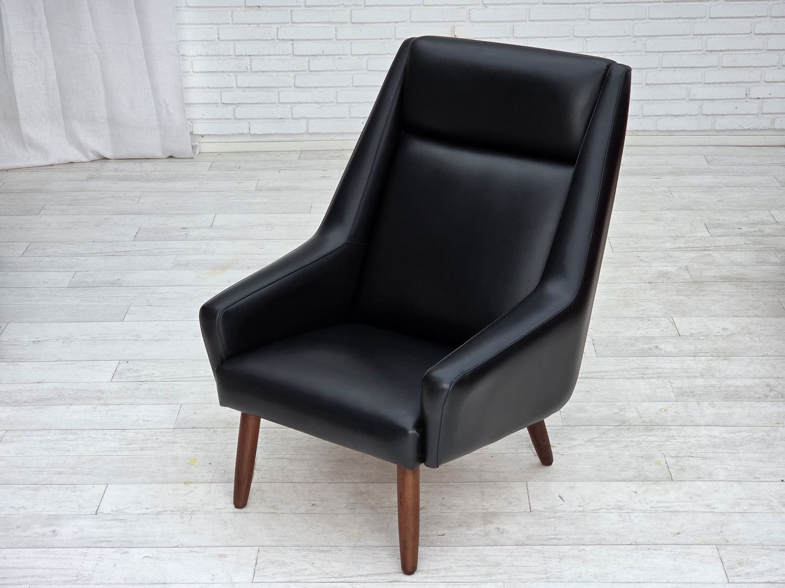 Furniture 1970s, Danish Highback Armchair, Black Artificial Leather, Teak Wood Legs. photo