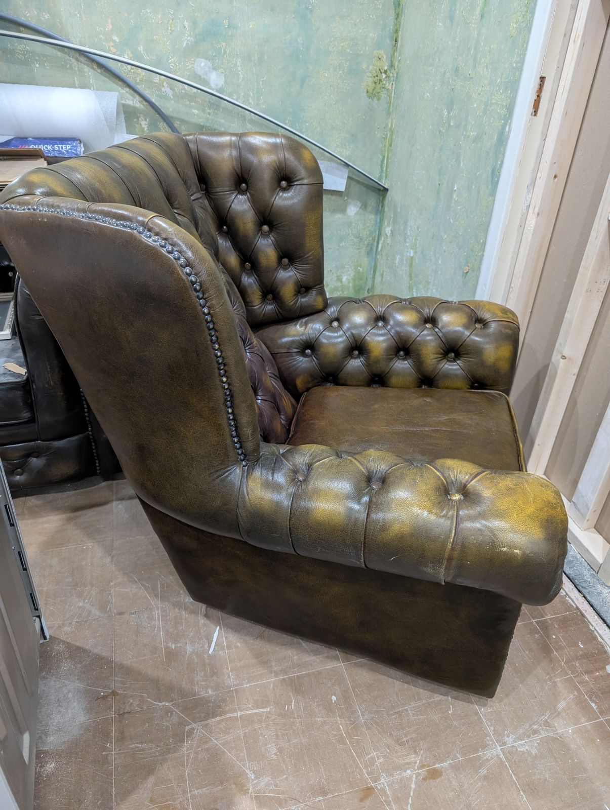 Brown/Yellowy Green Chesterfield Armchair On Wheels In Good Condition photo for sale