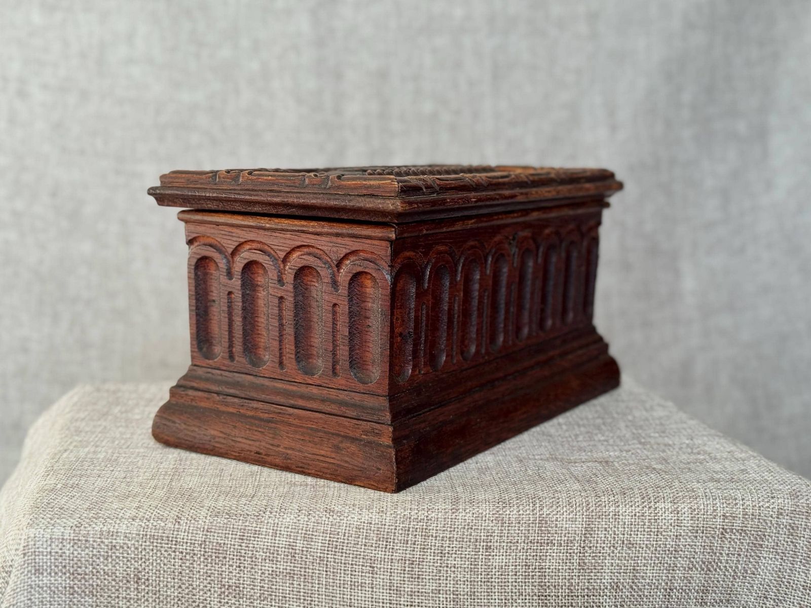 Antique Carved Wooden Jewellery Chest With Key | Gothic Revival Trinket Box | Large Decorative Wood Box | Architectural Carved Detail photo vintage