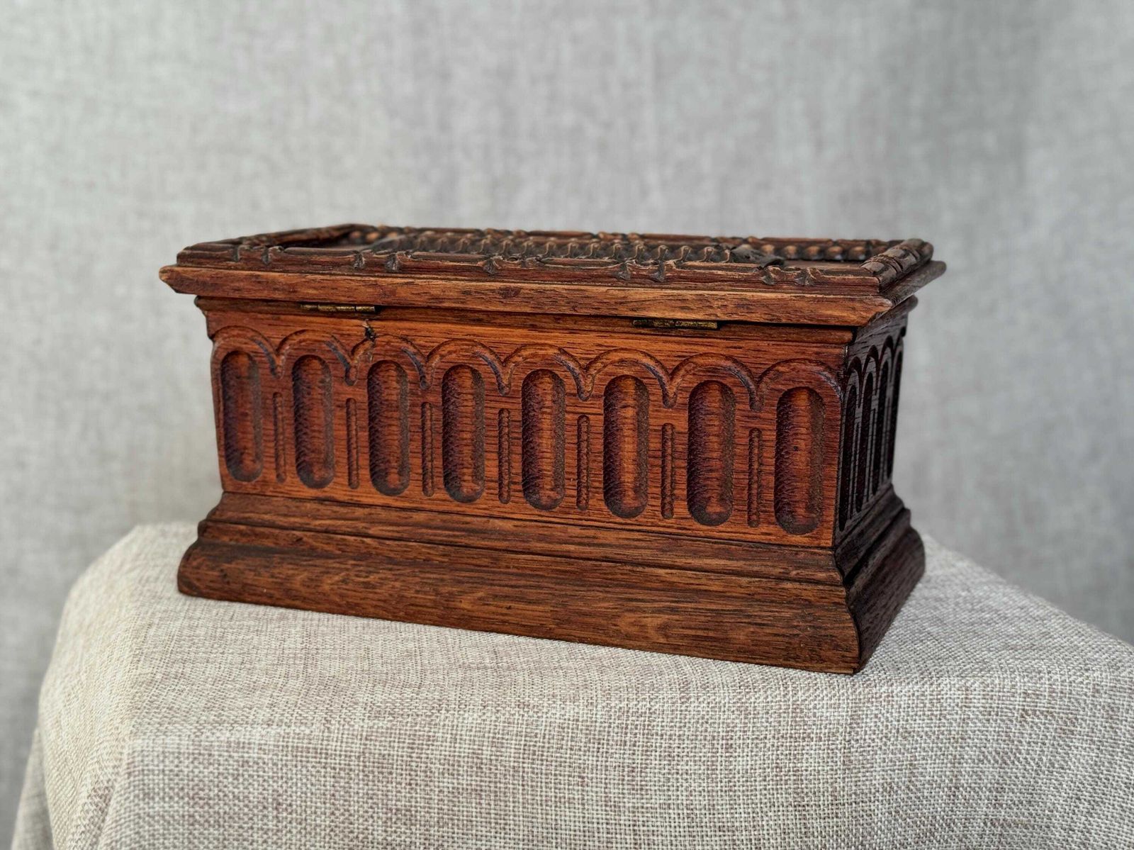 photo for sale Antique Carved Wooden Jewellery Chest With Key | Gothic Revival Trinket Box | Large Decorative Wood Box | Architectural Carved Detail