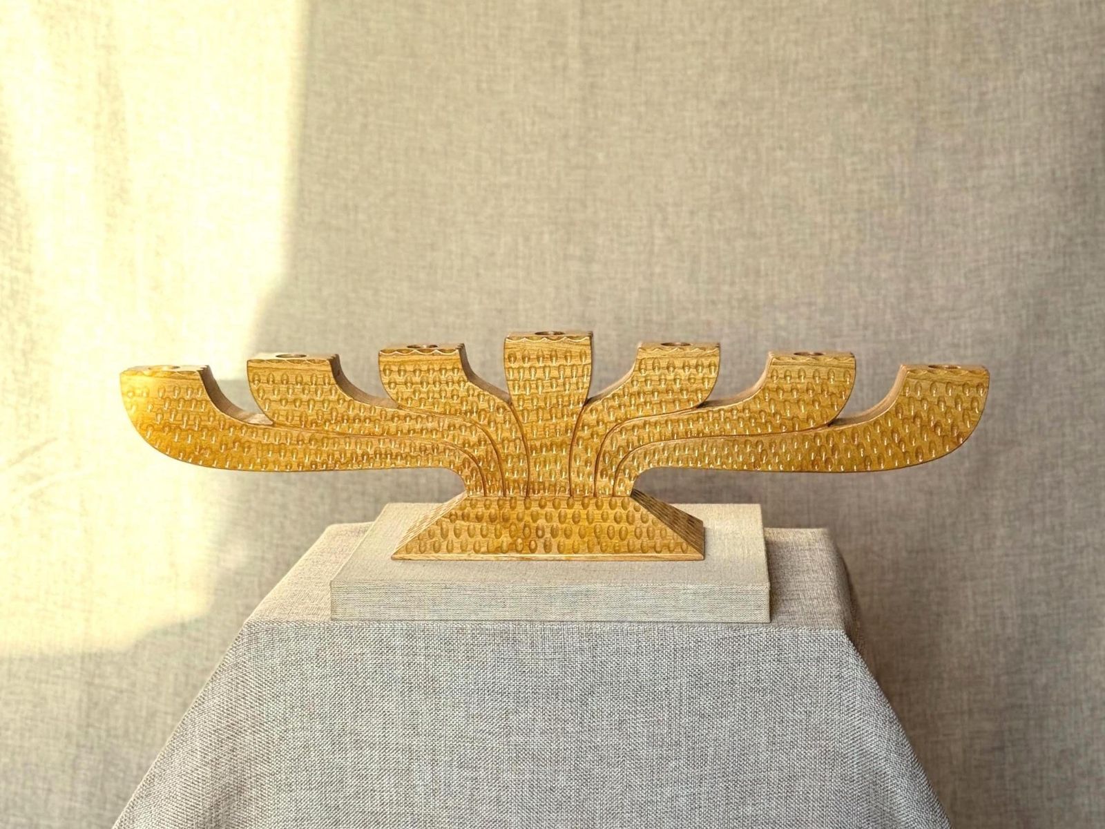 Scandinavian Wooden Menorah | Mid Century Nordic Candelabra | Chip Carved Folk Art Candle Holder photo furniture