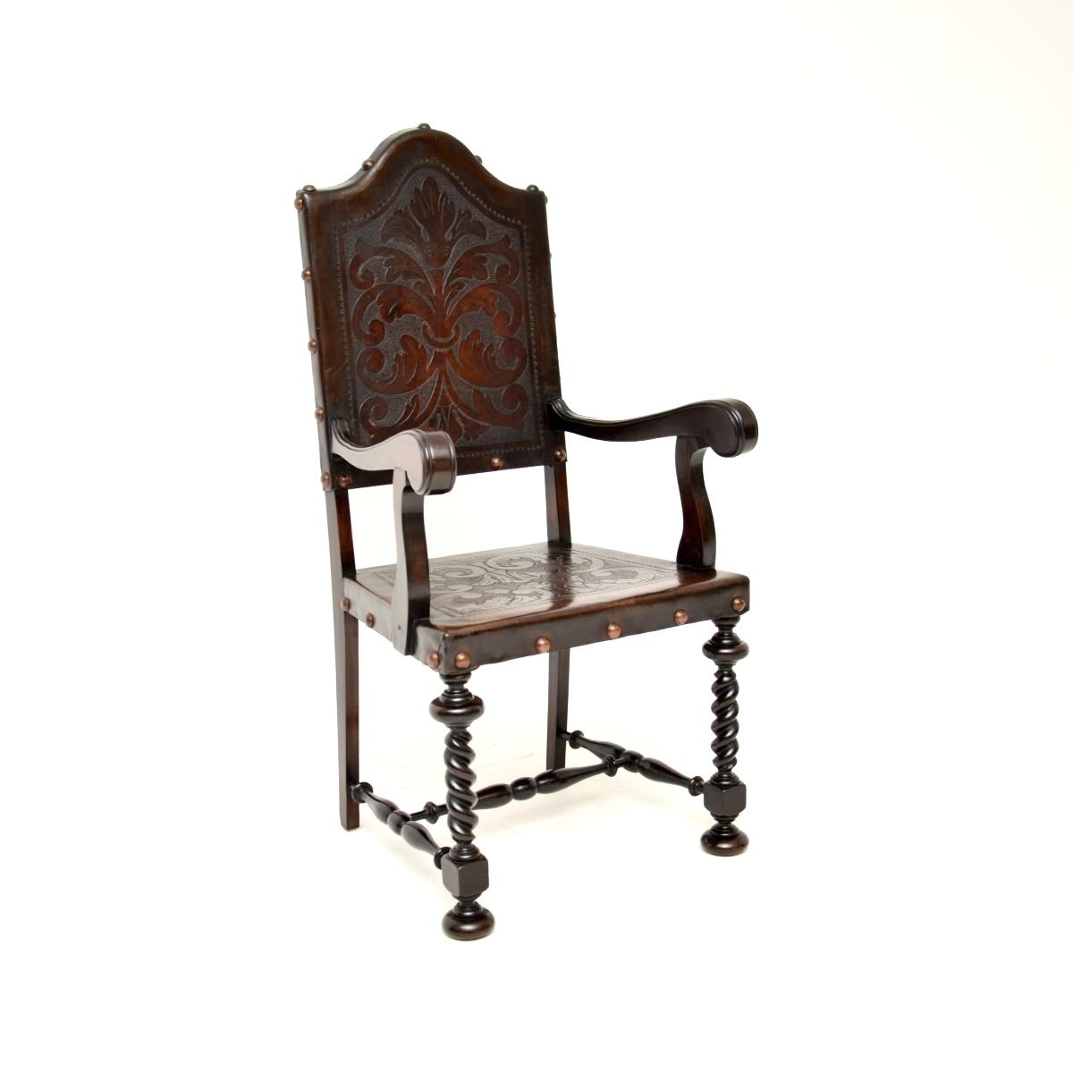 Set Of Six Antique Portuguese Embossed Leather And Walnut Dining Chairs photo furniture
