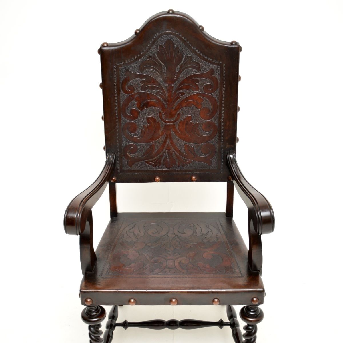 Set Of Six Antique Portuguese Embossed Leather And Walnut Dining Chairs photo 1788.0