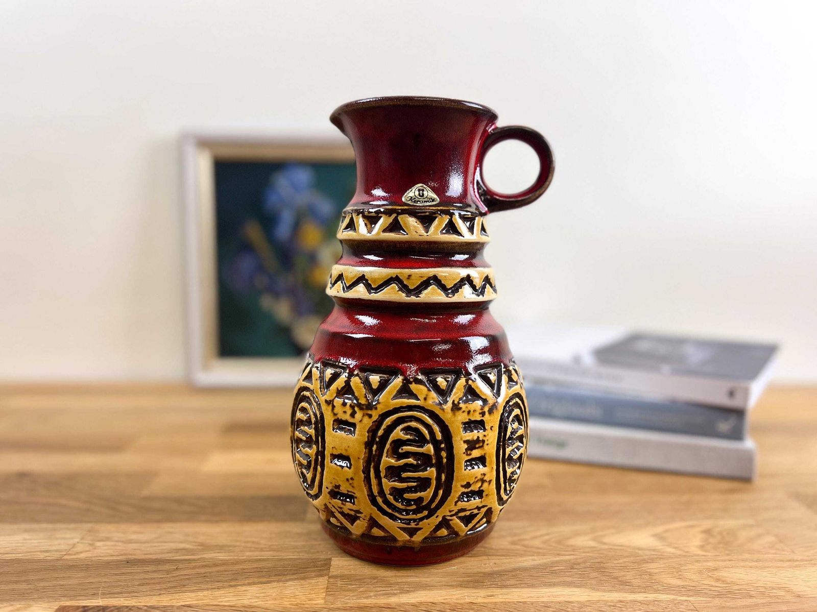 ü Keramik Red And Yellow Relief Vase   West German Ethnic Looking Ceramic Vase