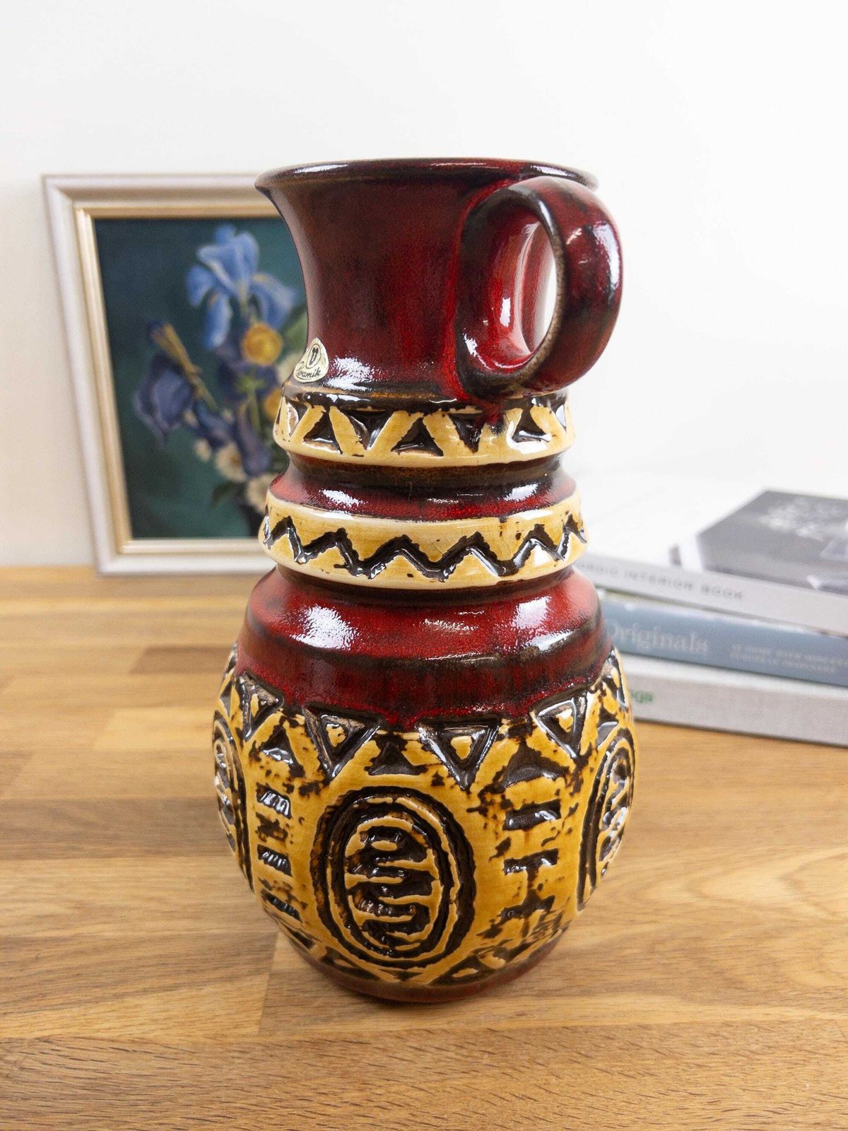 ü Keramik Red And Yellow Relief Vase   West German Ethnic Looking Ceramic Vase photo buy