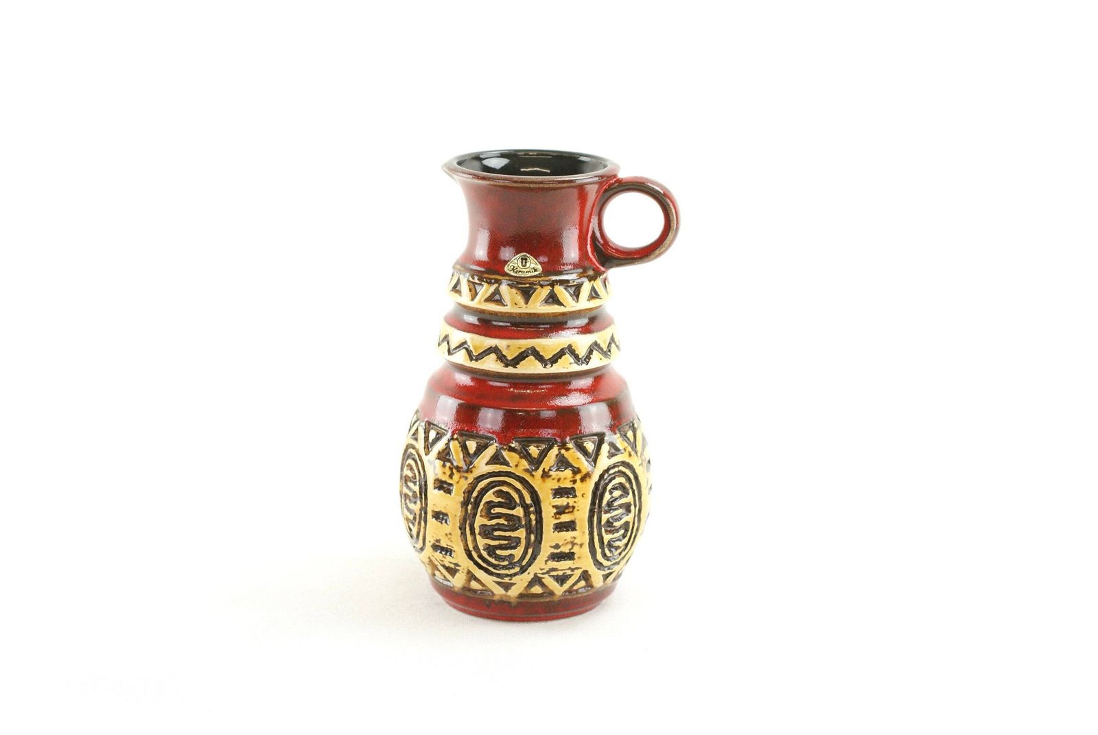 photo buy ü Keramik Red And Yellow Relief Vase   West German Ethnic Looking Ceramic Vase