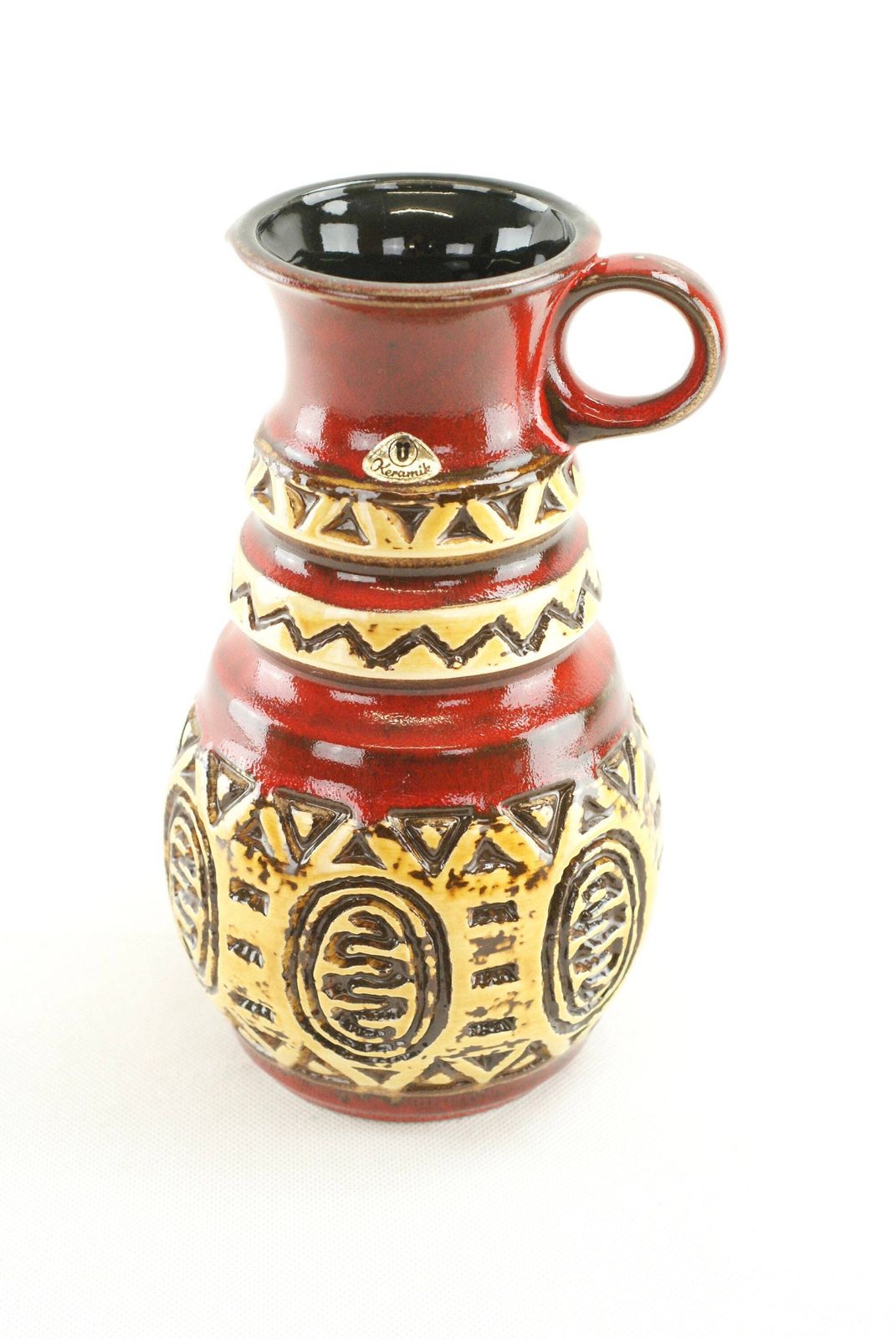photo vintage ü Keramik Red And Yellow Relief Vase   West German Ethnic Looking Ceramic Vase
