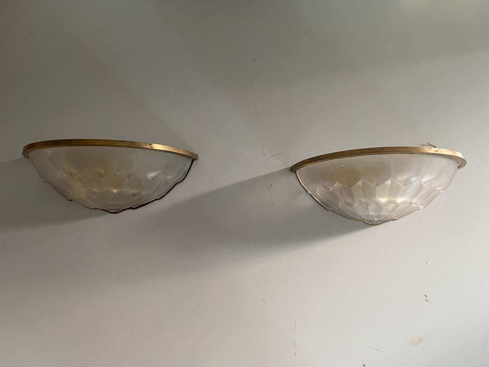 White French Glass And Brass Frame Pair Of Sconces, 1950s, France photo furniture