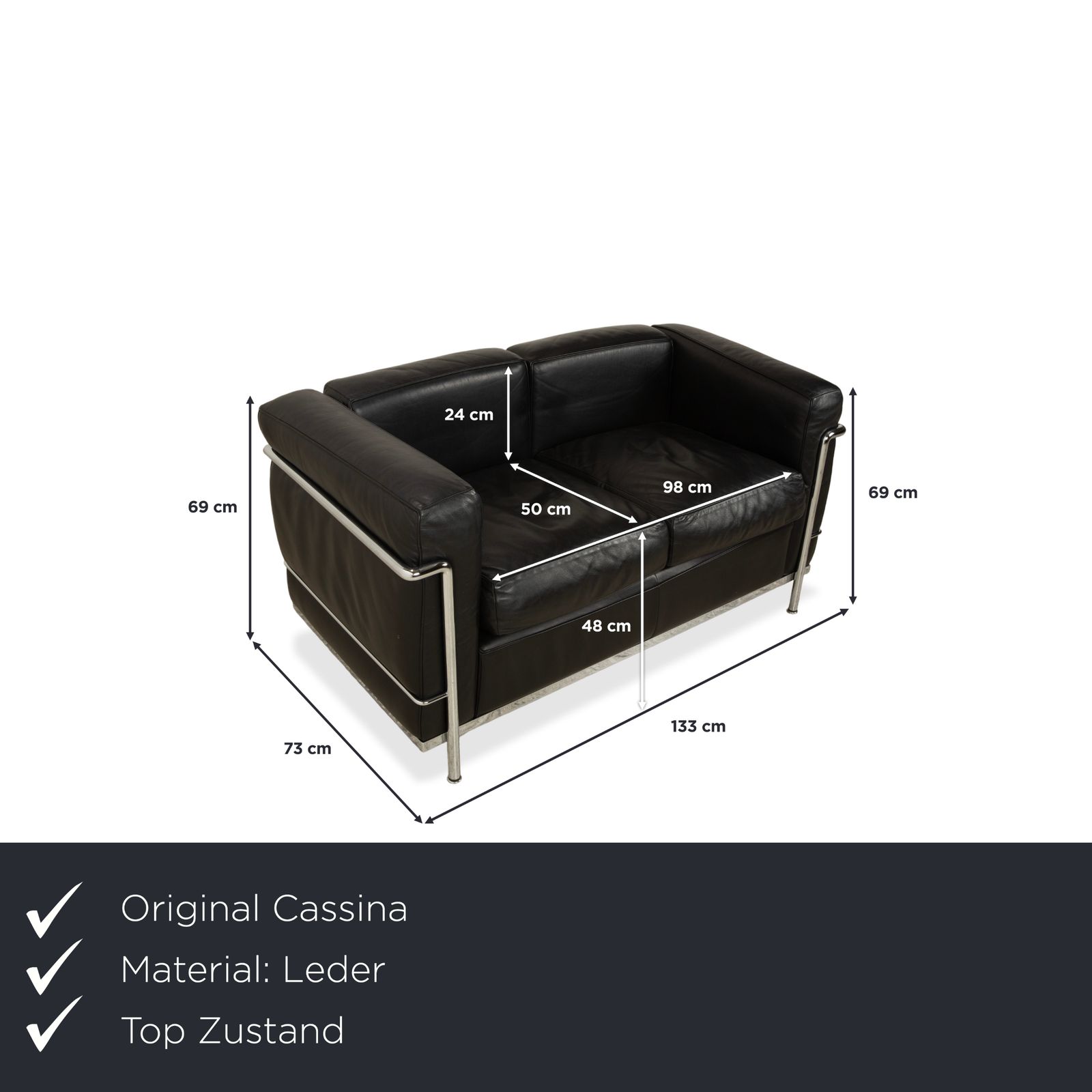 Canapé Cassina LC 2 en cuir noir 2 places, par Le Corbusier, chromé photo furniture