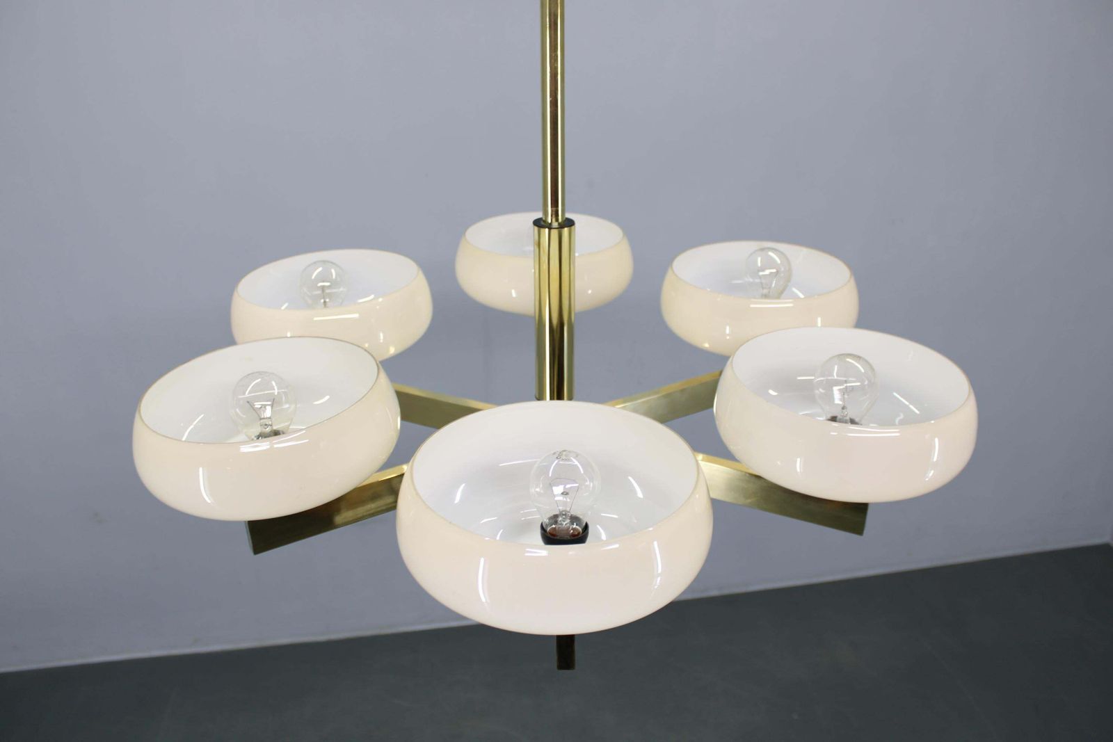 Art Deco Brass Chandelier With Opaline Glass, Czechoslovakia, 1930s photo 1300.0