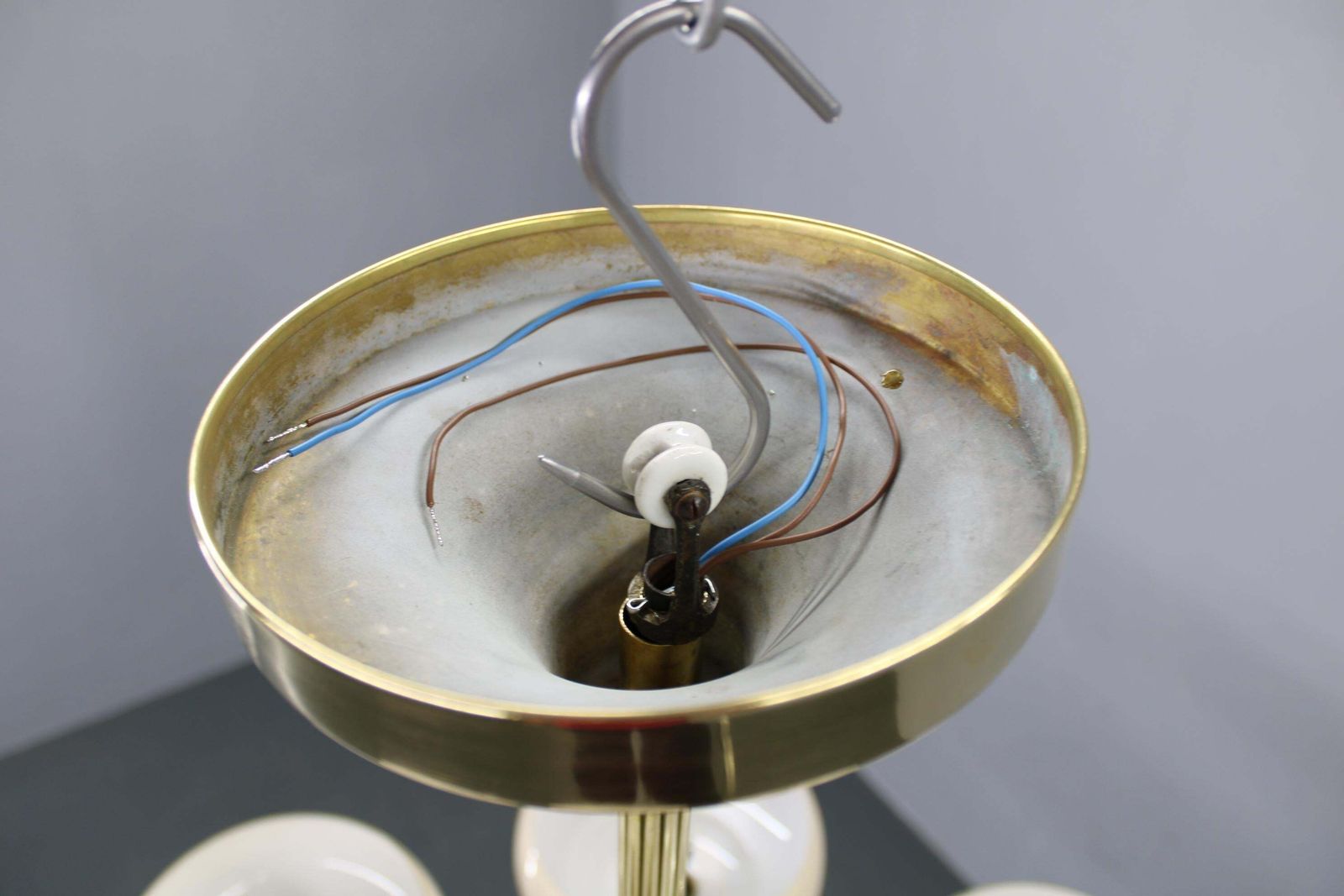 Art Deco Brass Chandelier With Opaline Glass, Czechoslovakia, 1930s photo vinterior