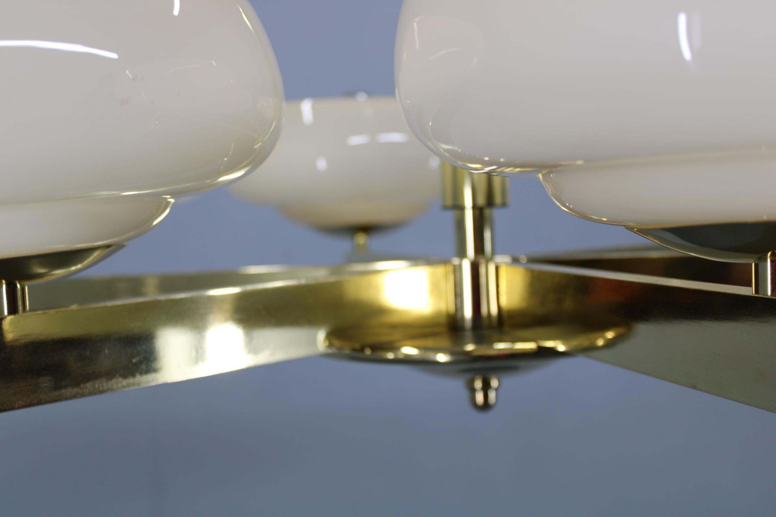 photo for sale Art Deco Brass Chandelier With Opaline Glass, Czechoslovakia, 1930s