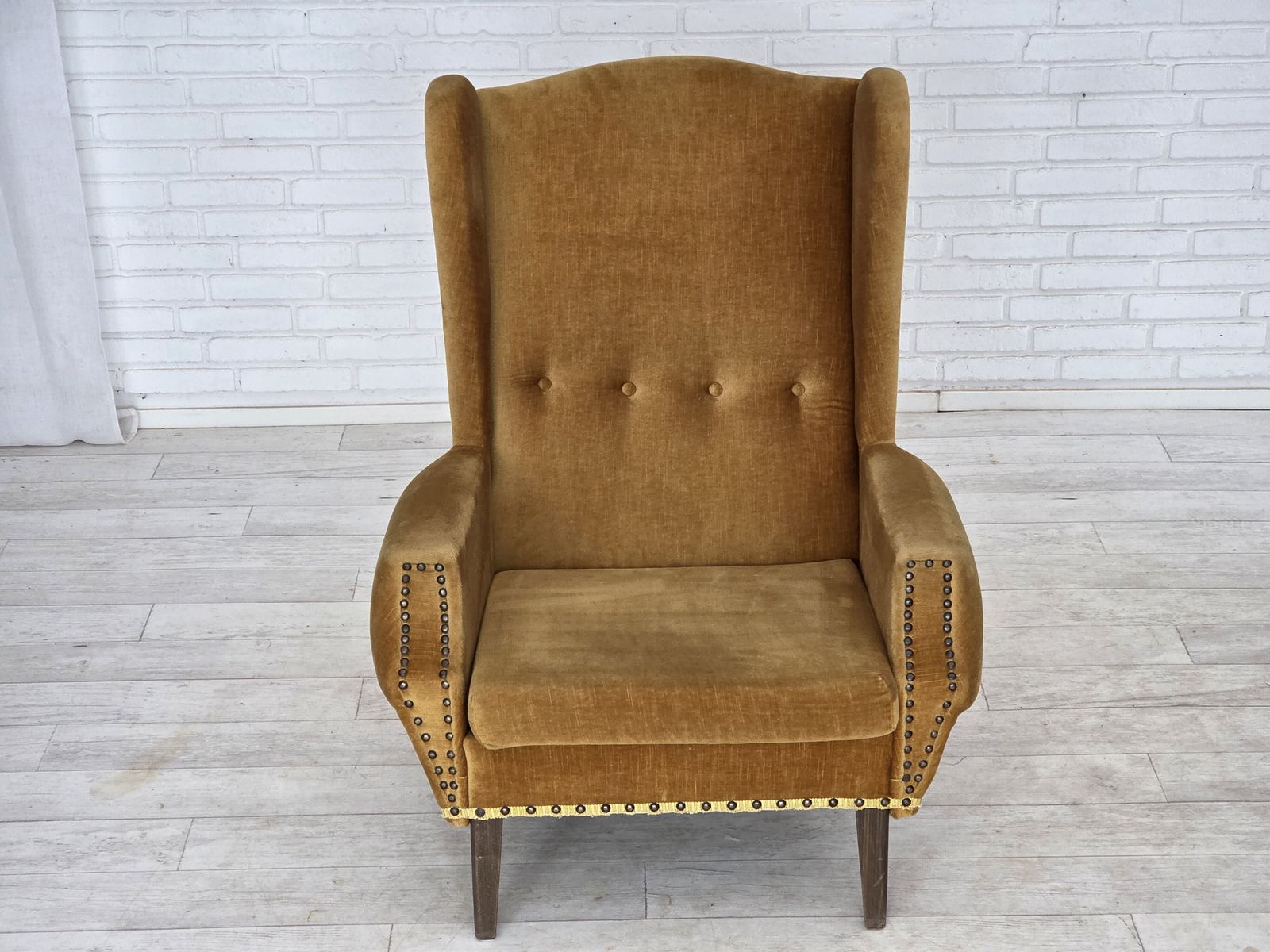 1970s, Danish High Back Armchair, Furniture Velour, Oak Wood Legs. photo 1190.0