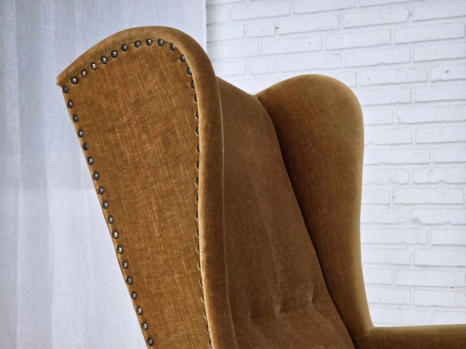 1970s, Danish High Back Armchair, Furniture Velour, Oak Wood Legs. photo buy