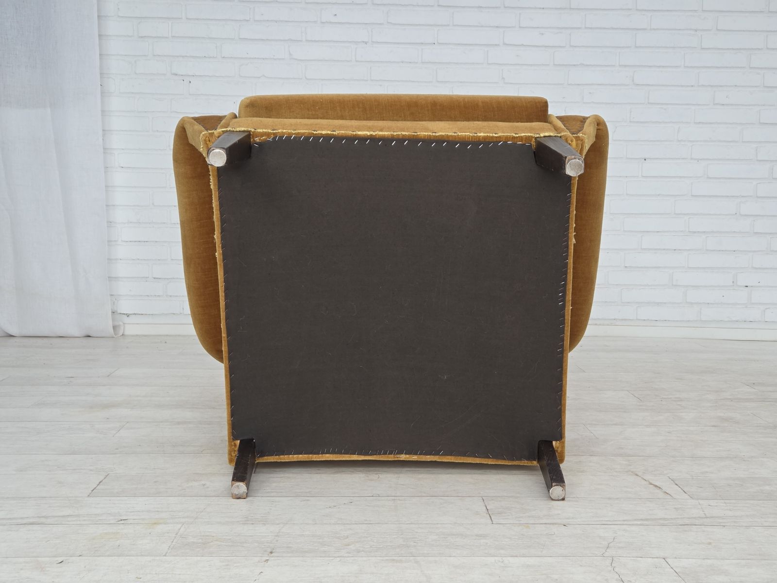 1970s, Danish High Back Armchair, Furniture Velour, Oak Wood Legs. photo vintage
