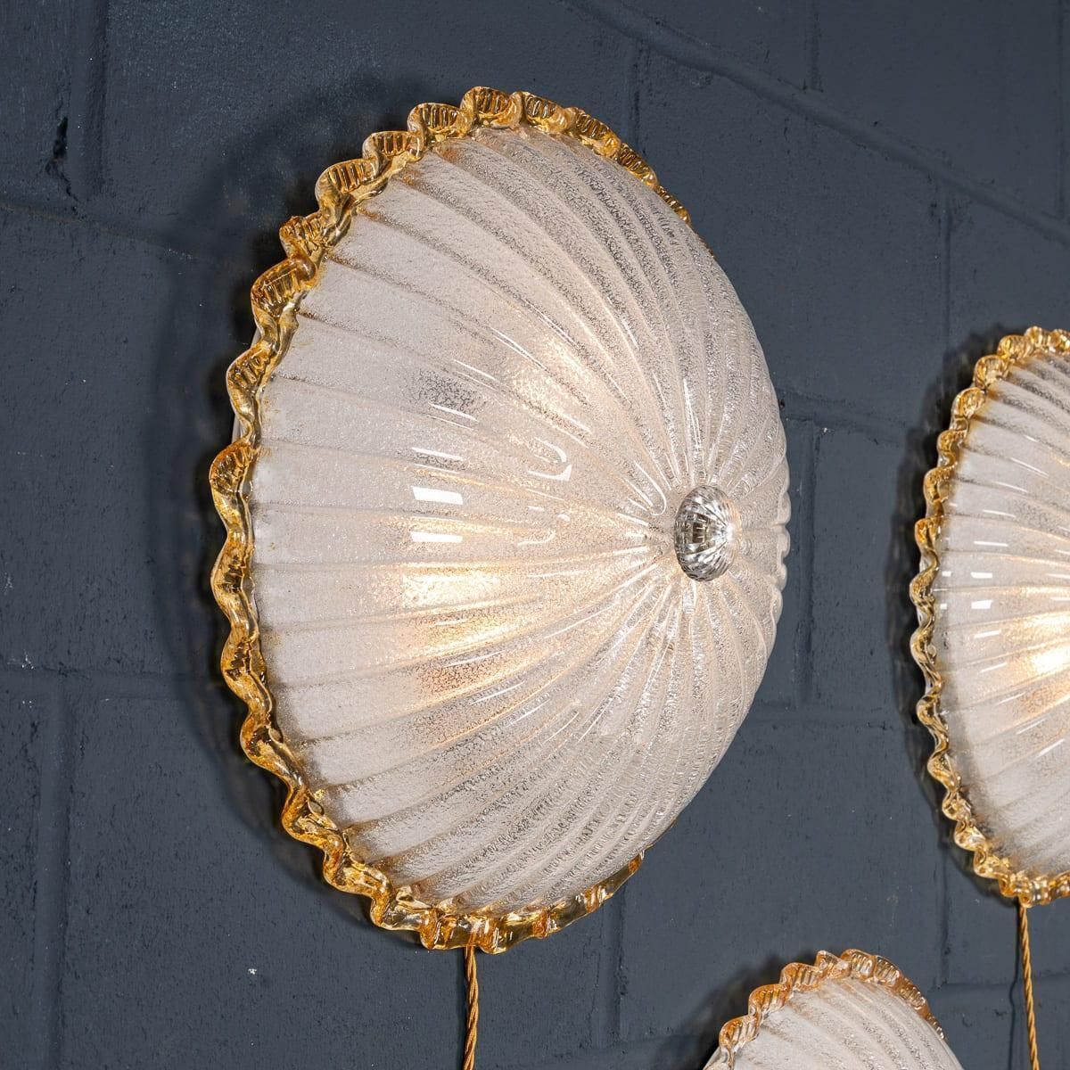Vintage 20thc Set Of Three Frosted Glass & Brass Wall Lights, Murano C.1980 photo vinterior