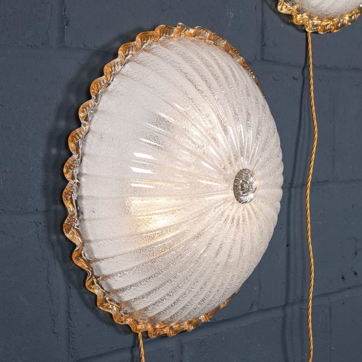 Vintage 20thc Set Of Three Frosted Glass & Brass Wall Lights, Murano C.1980 photo buy