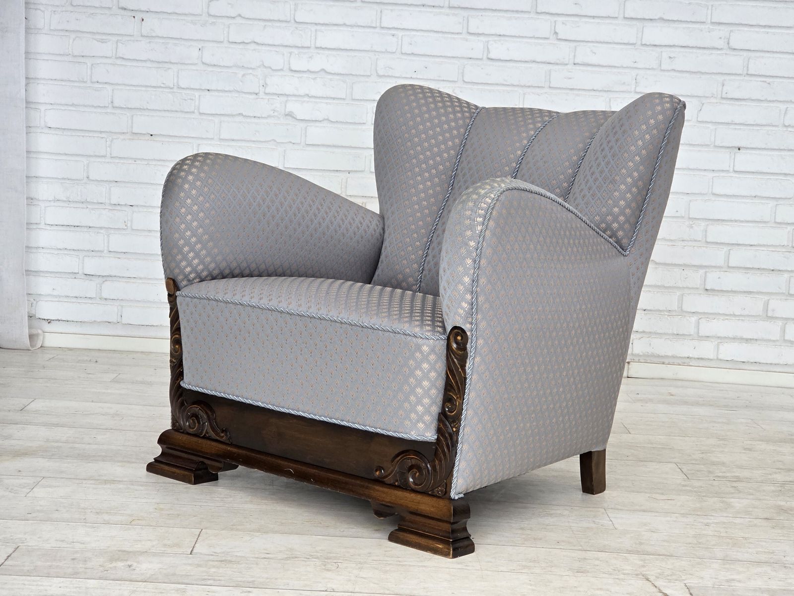 1950s, Danish Armchair, Furniture Fabric, Carved Oak Wood. photo buy