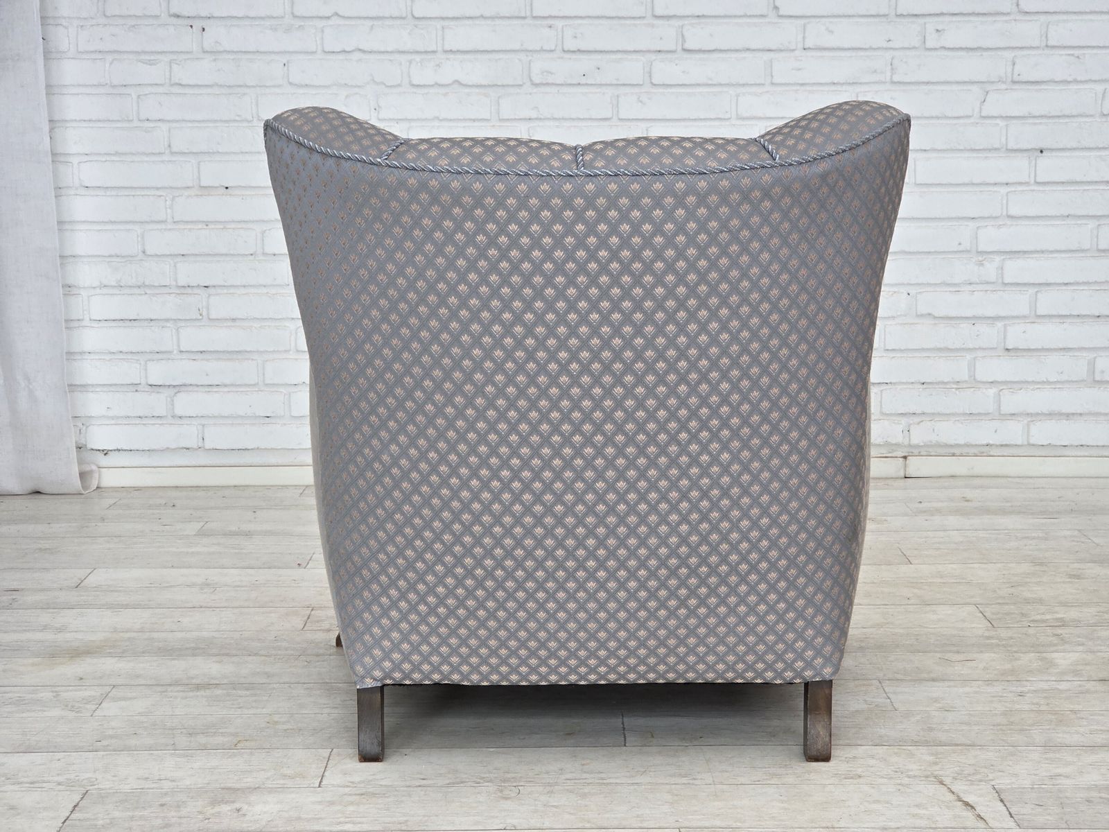 1950s, Danish Armchair, Furniture Fabric, Carved Oak Wood. photo vintage