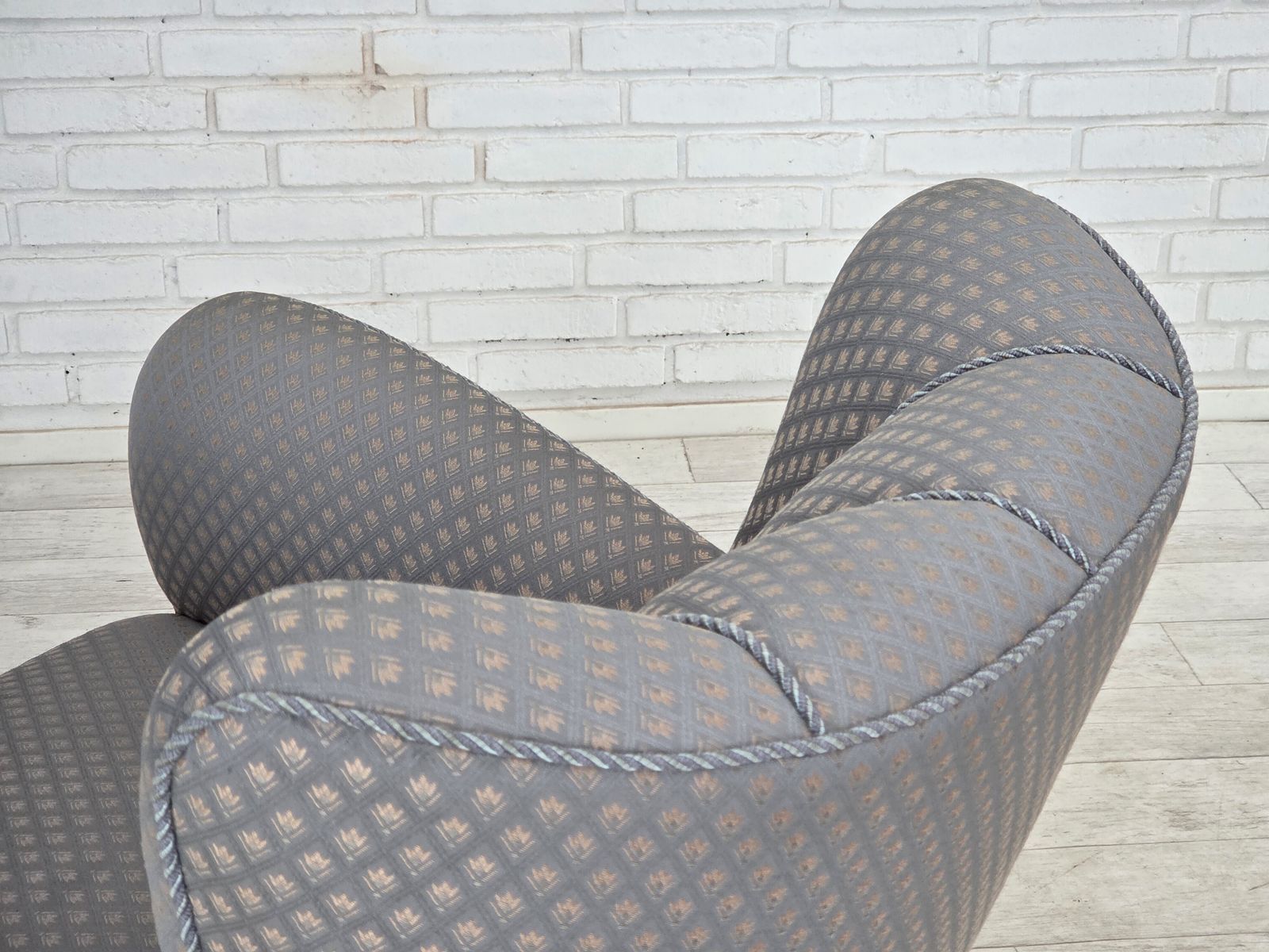 photo furniture 1950s, Danish Armchair, Furniture Fabric, Carved Oak Wood.