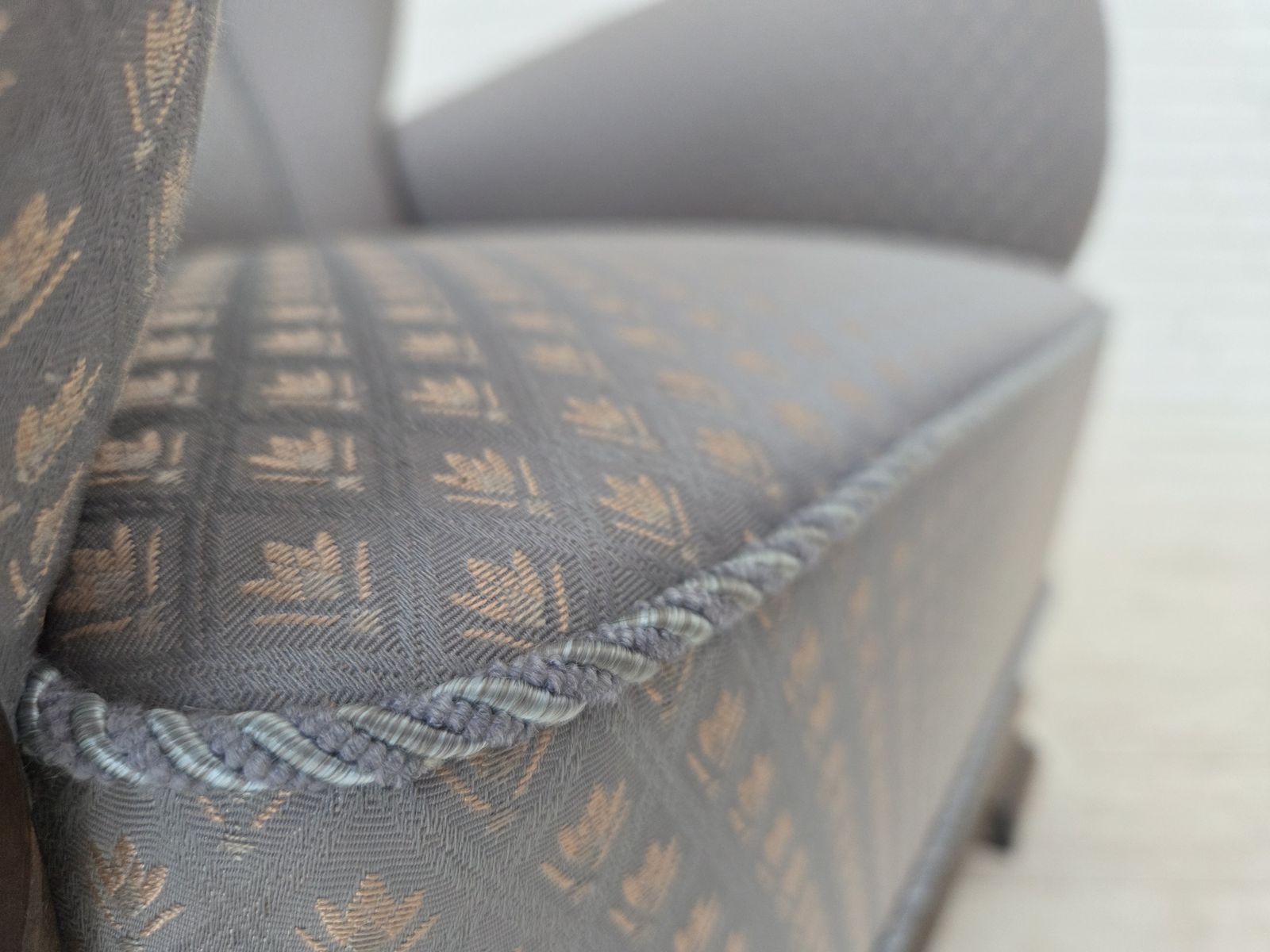 Furniture 1950s, Danish Armchair, Furniture Fabric, Carved Oak Wood. photo
