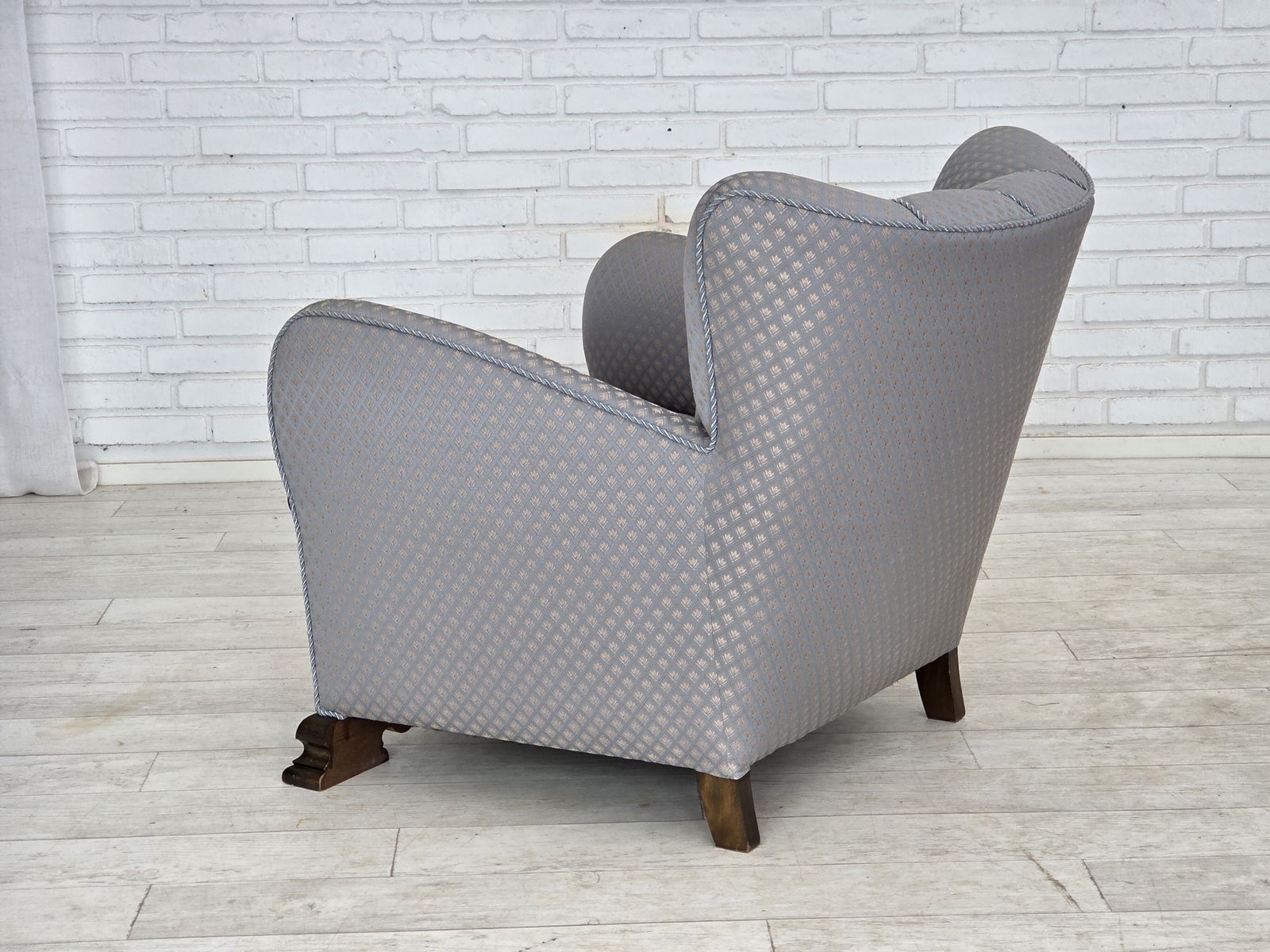photo buy 1950s, Danish Armchair, Furniture Fabric, Carved Oak Wood.