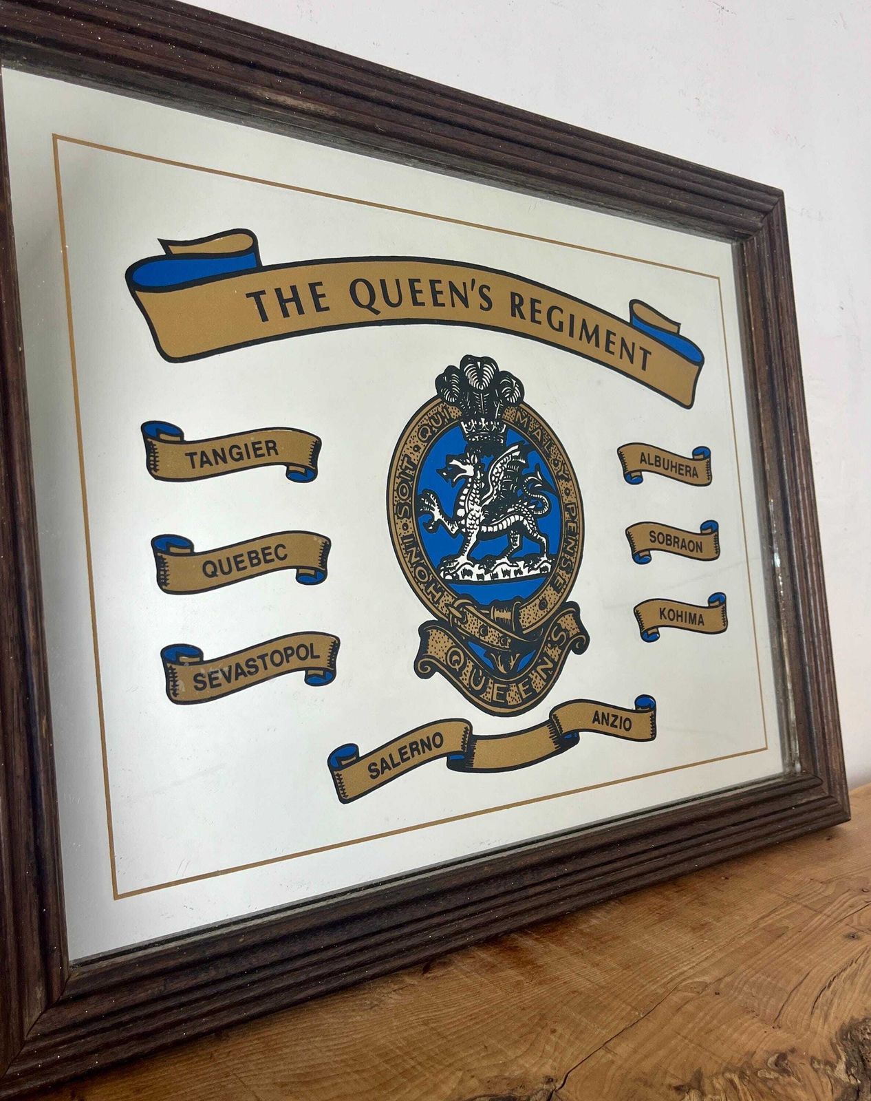 British Vintage Printed Mirror, Battle Honours, The Queen's Regiment, Military Picture photo vinterior