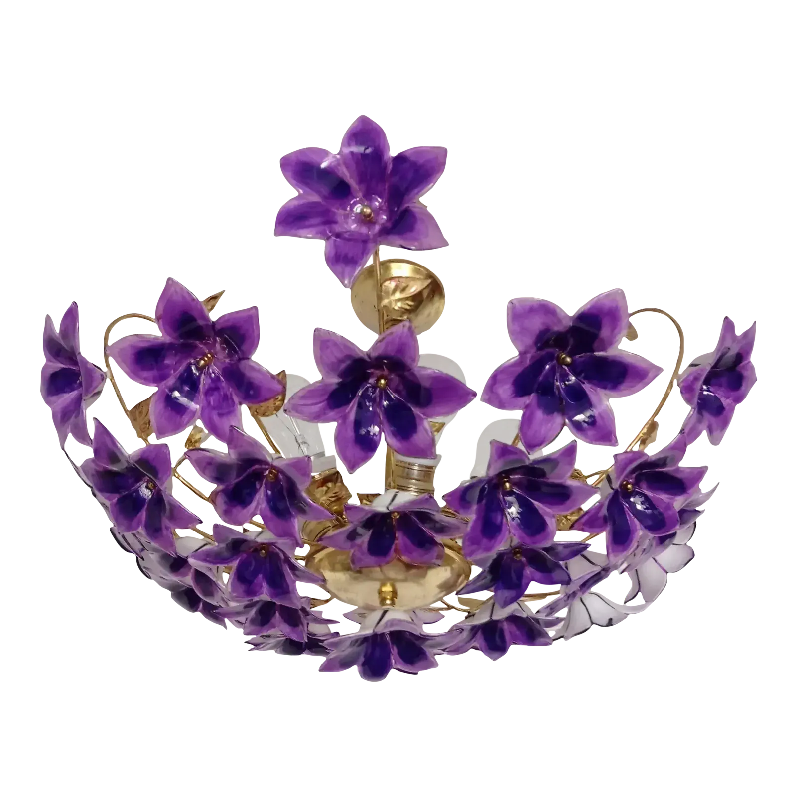 Vintage 1970s Murano Purple Glass Semi Flush Mount Calla Lily Hand Painted Chandelier