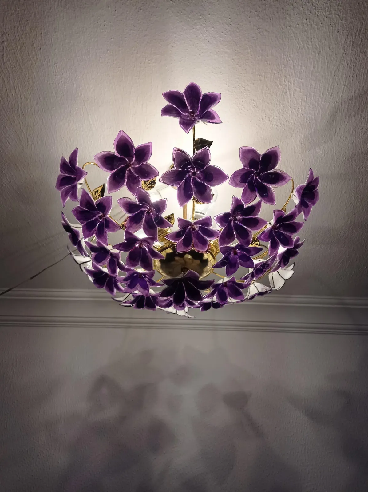Vintage 1970s Murano Purple Glass Semi Flush Mount Calla Lily Hand Painted Chandelier photo furniture