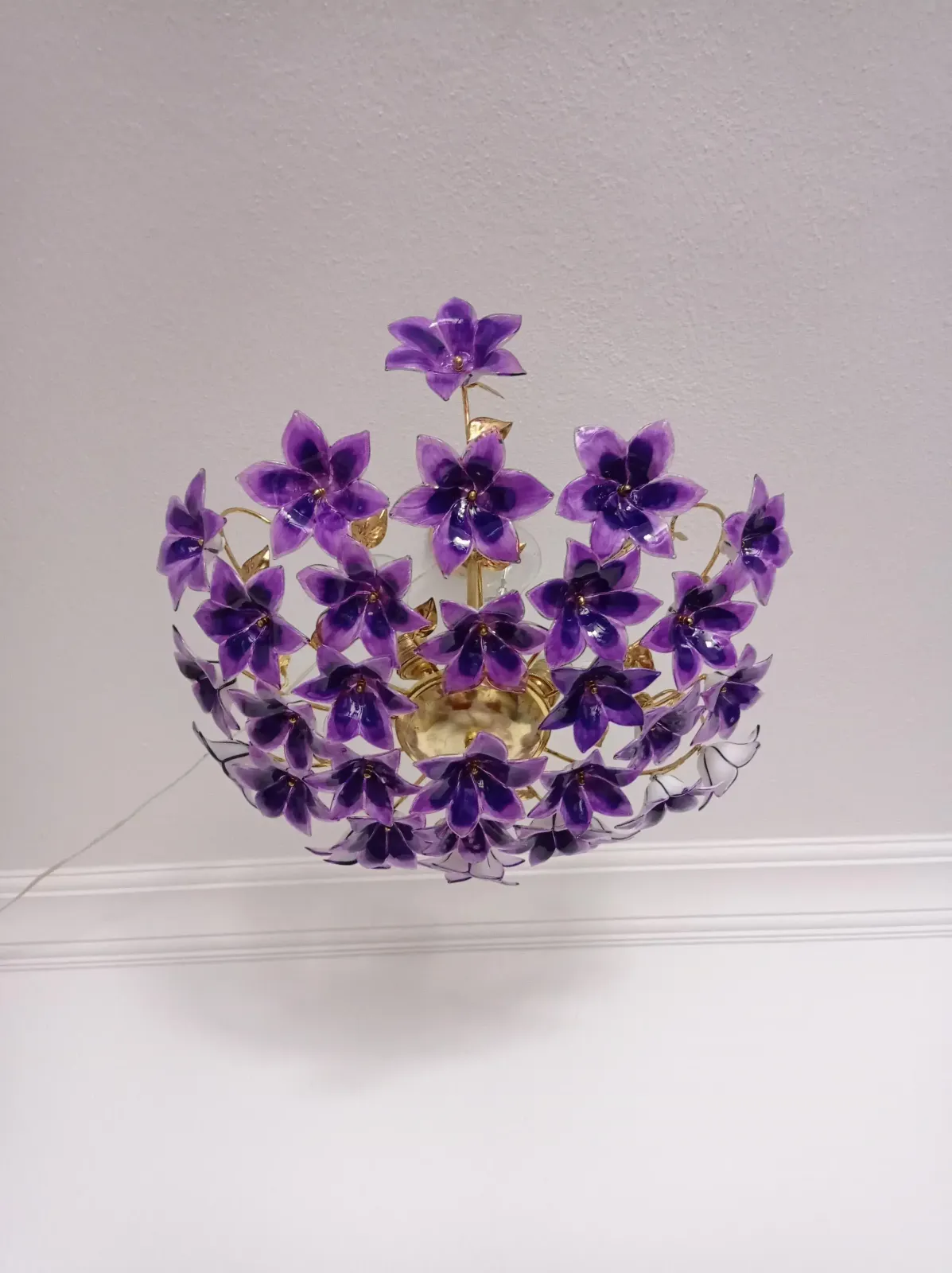 photo furniture Vintage 1970s Murano Purple Glass Semi Flush Mount Calla Lily Hand Painted Chandelier
