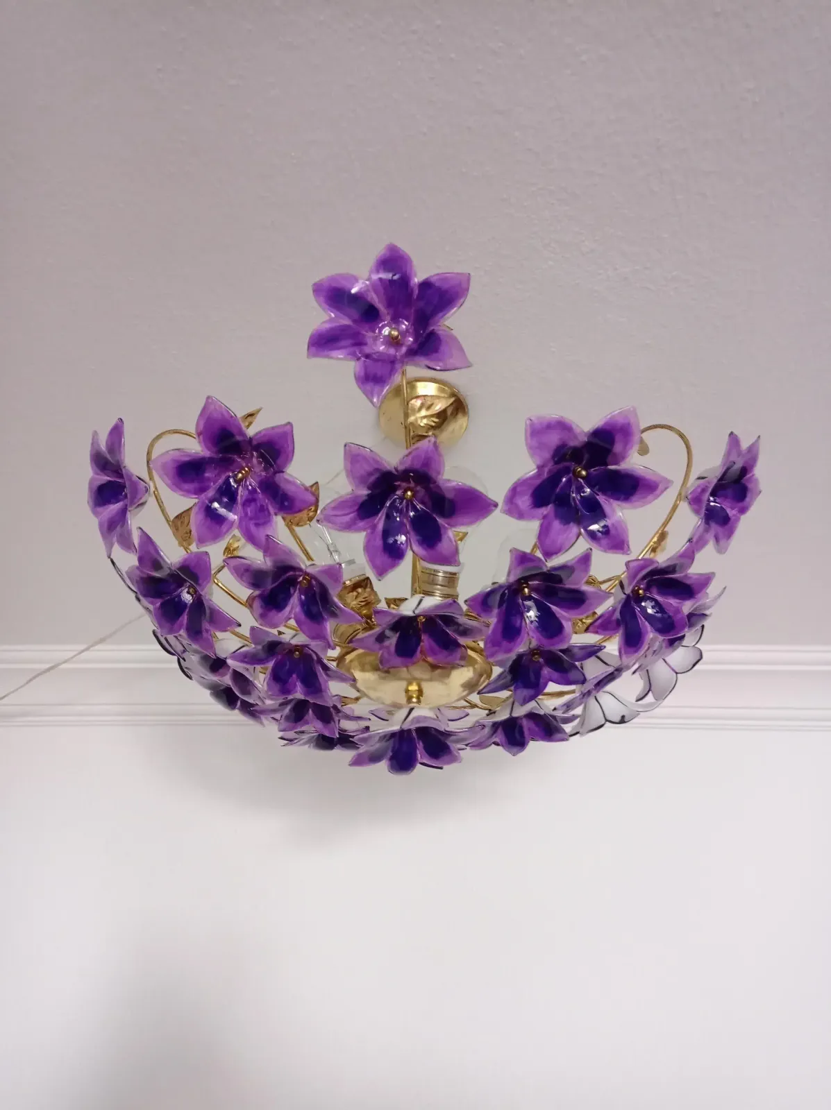703.0 Vintage 1970s Murano Purple Glass Semi Flush Mount Calla Lily Hand Painted Chandelier photo