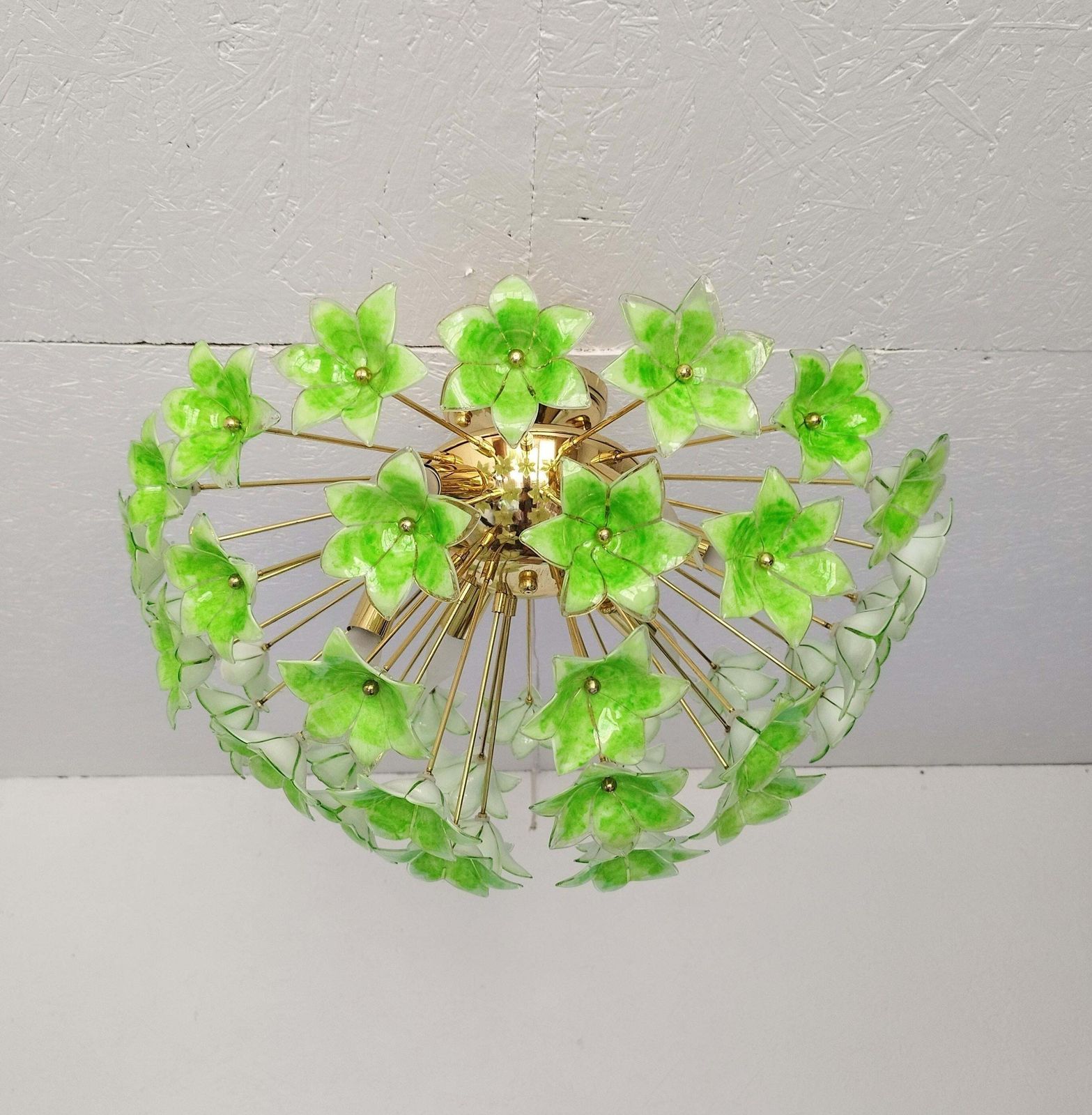 Green Floral Sputnik Flush Mount Chandelier 1980s Glass Flowers photo furniture