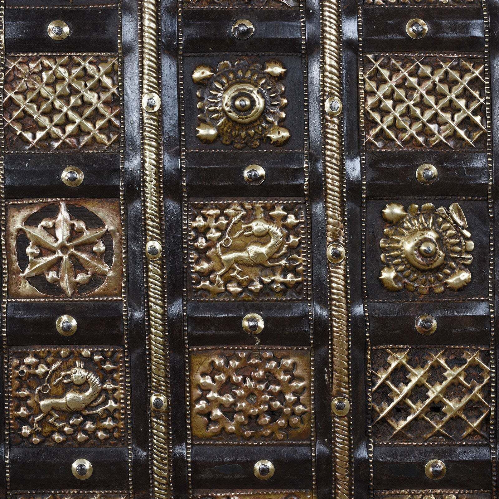 2365.0 Antique Indian Brass Bound Pithara Console Chest From Saurashtra   18th Century photo