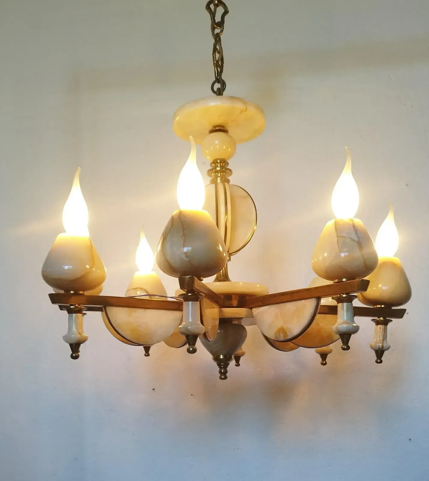 Vintage Italian Honey Onyx Marble Brass Chandelier 80s Lighting photo 1813.0