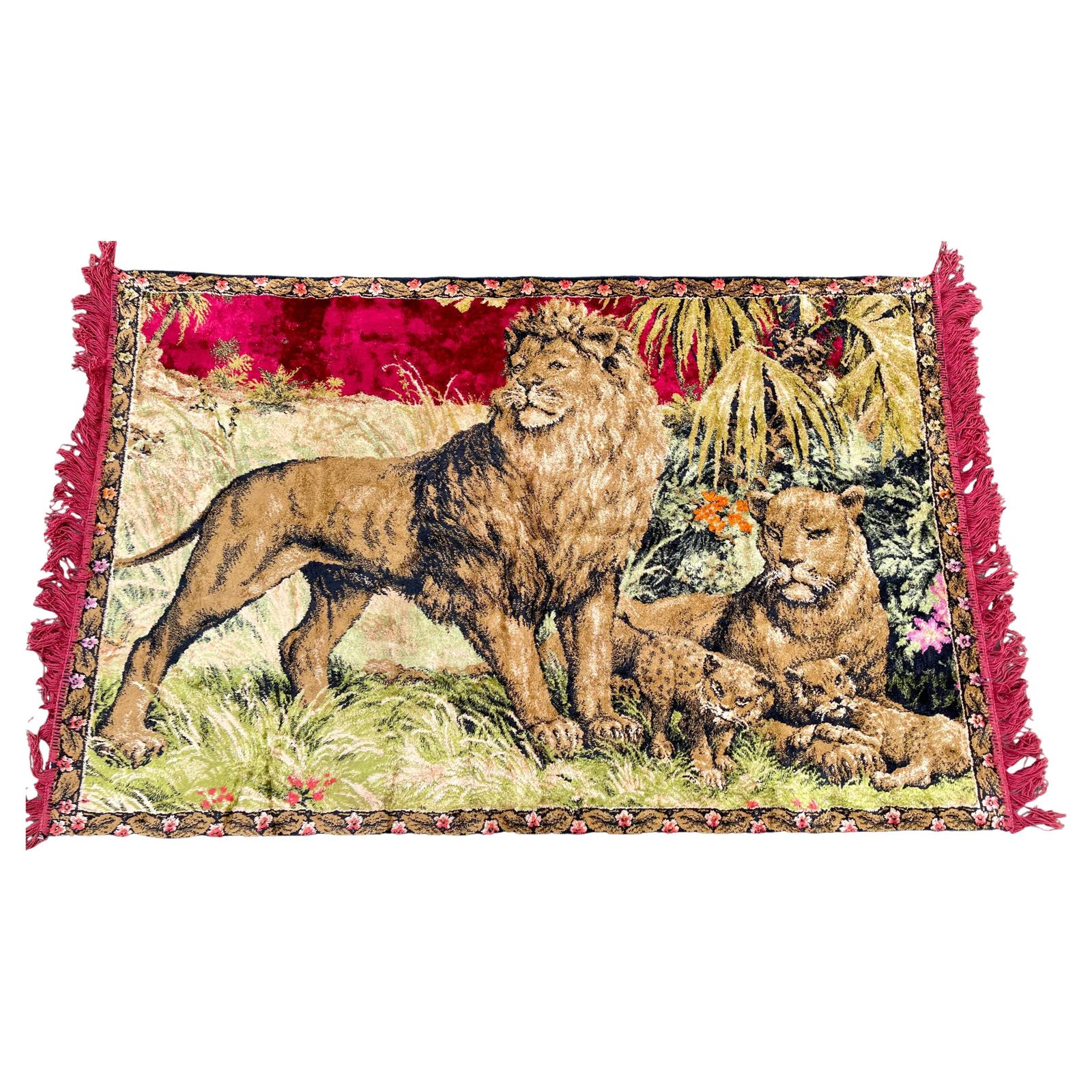 Vintage Boho Style Woven Velvet Tapestry Of A Lion Family, 1970s