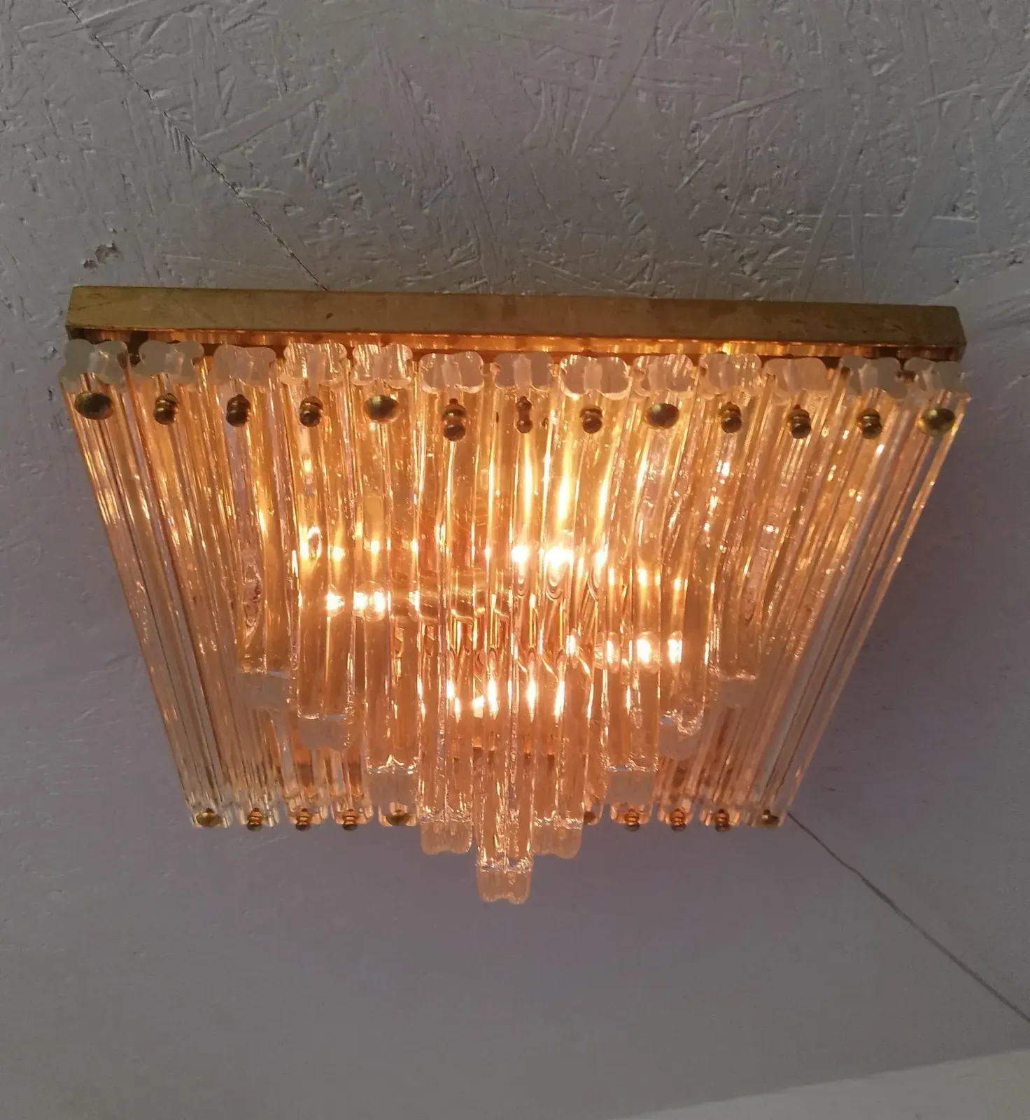 Murano Venini Styled Curved Quadriedri Crystal Glass Chevron Flush Mount In Brass, Italy, 1970s photo Lighting