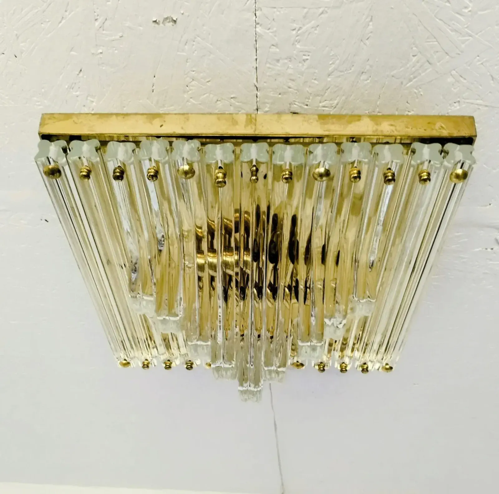 Murano Venini Styled Curved Quadriedri Crystal Glass Chevron Flush Mount In Brass, Italy, 1970s photo vintage