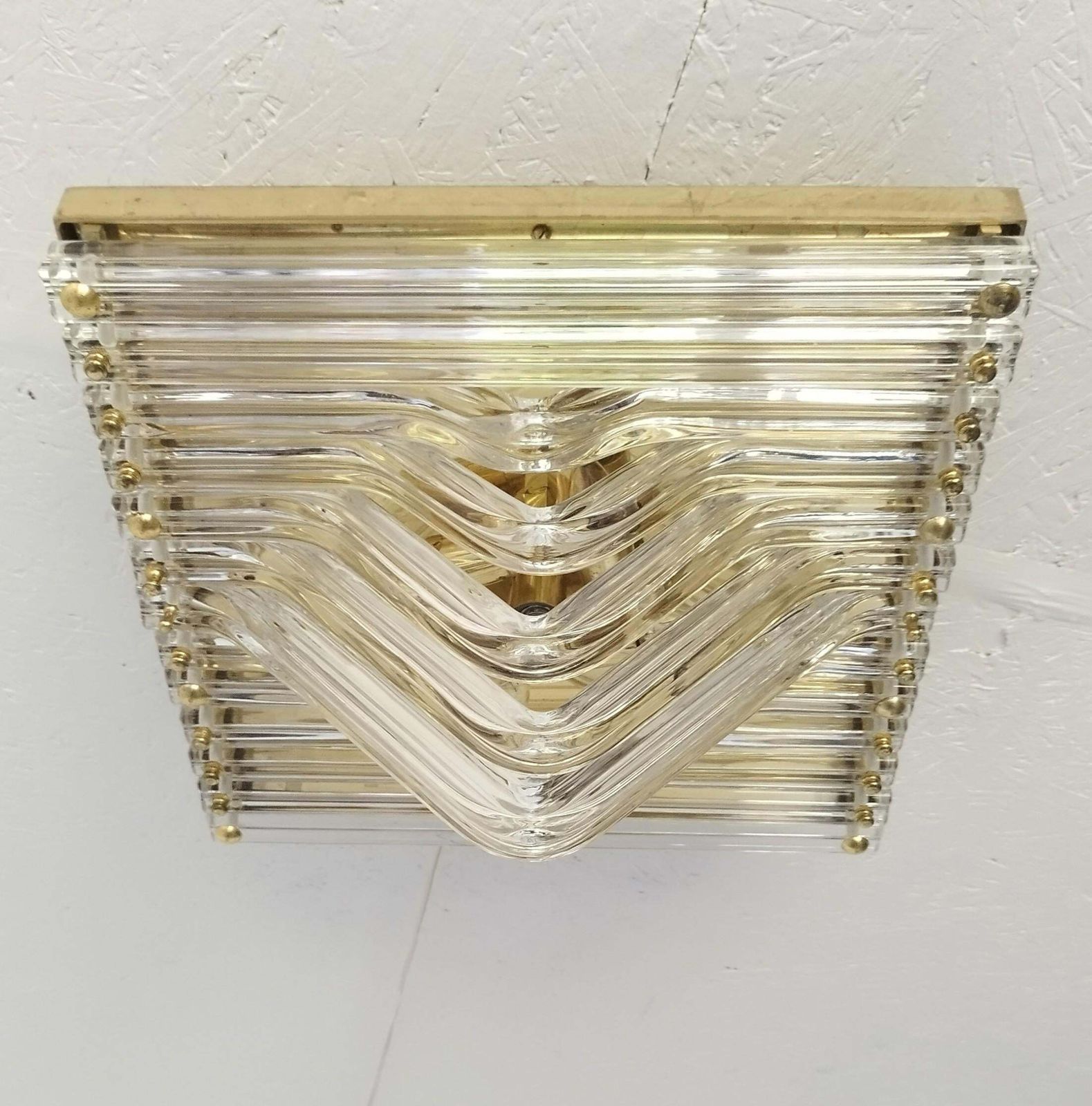 photo furniture Murano Venini Styled Curved Quadriedri Crystal Glass Chevron Flush Mount In Brass, Italy, 1970s