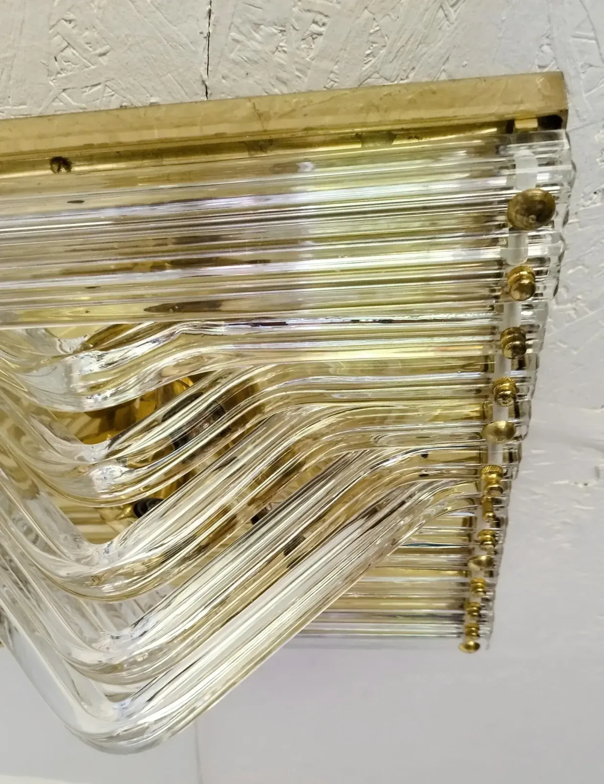 Lighting Murano Venini Styled Curved Quadriedri Crystal Glass Chevron Flush Mount In Brass, Italy, 1970s photo