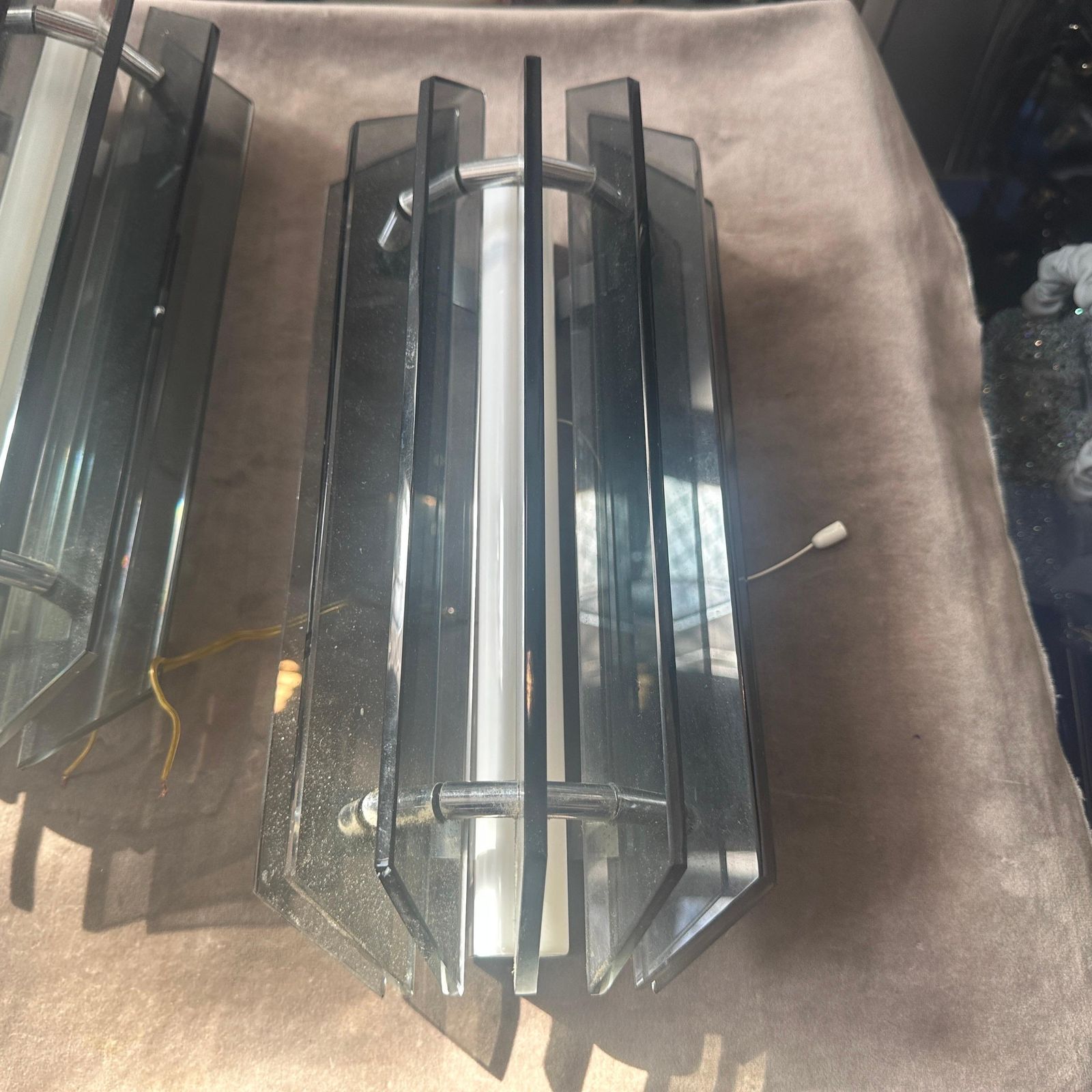 photo for sale 1960s Space Age Gray Glass And Steel Wall Sconces By Veca