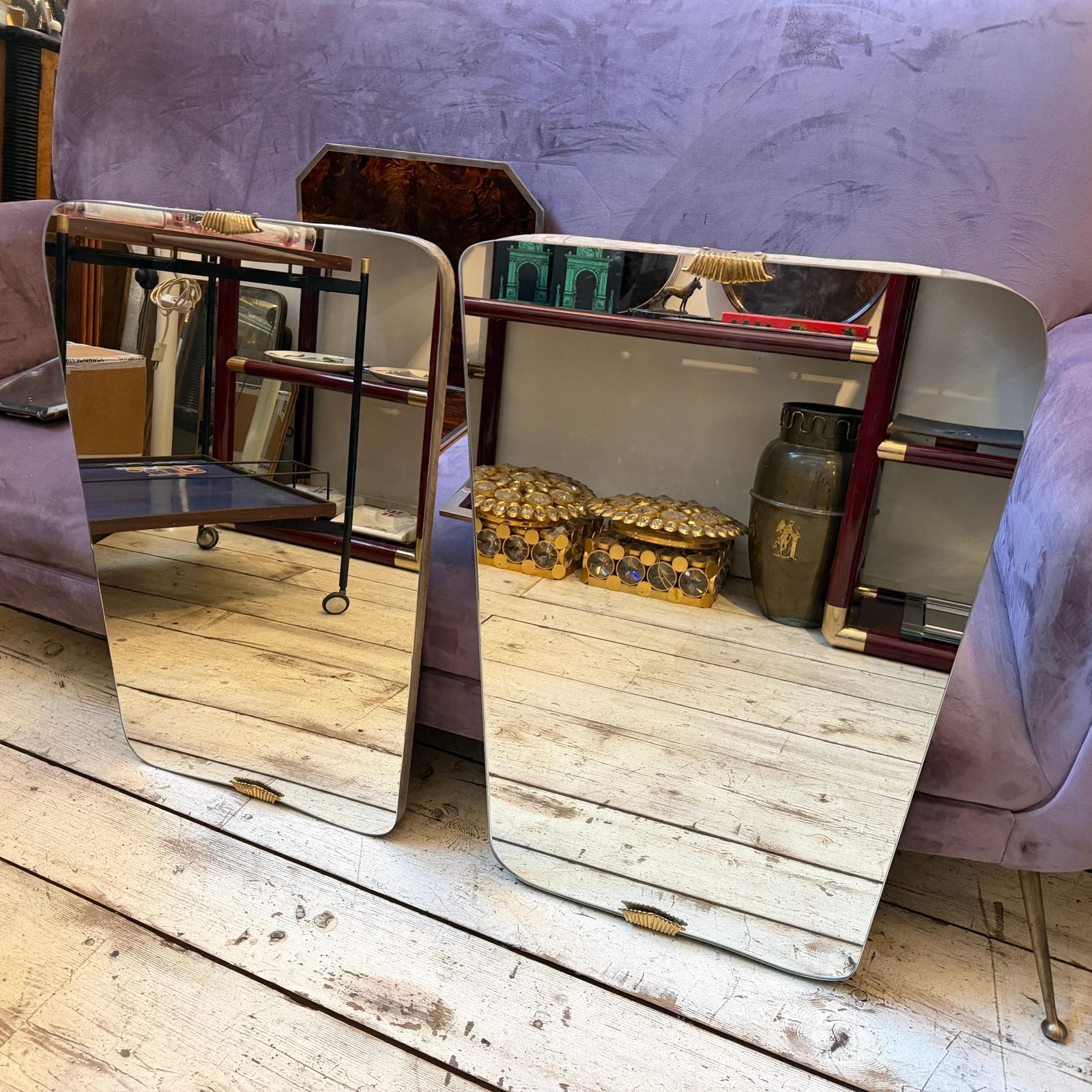 Two 1950s Gio Ponti Style Mid Century Modern Wood And Brass Wall Mirrors photo vintage