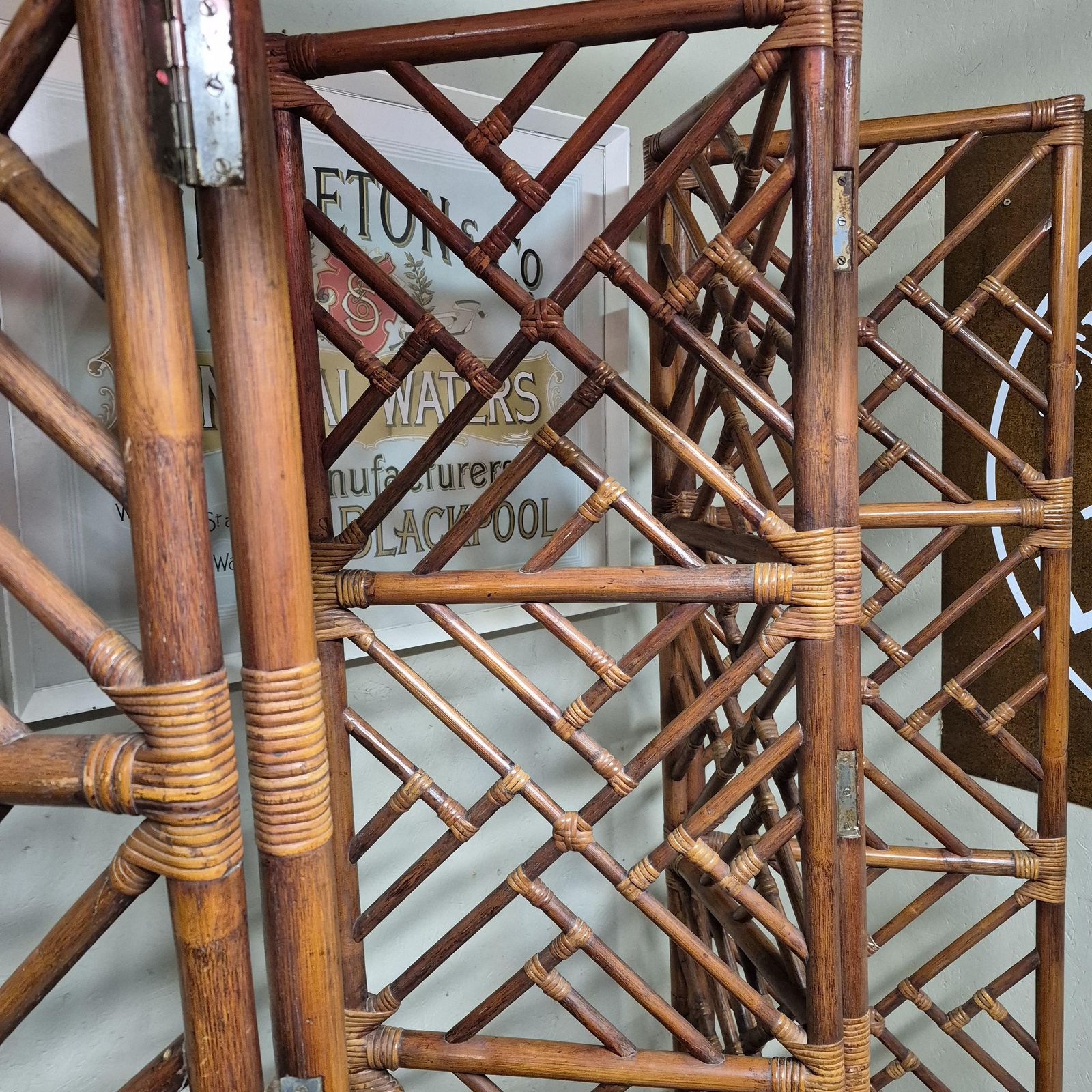 595.0 Mid Century Faux Bamboo Folding Room Divider / Discretion Privacy Screen. photo