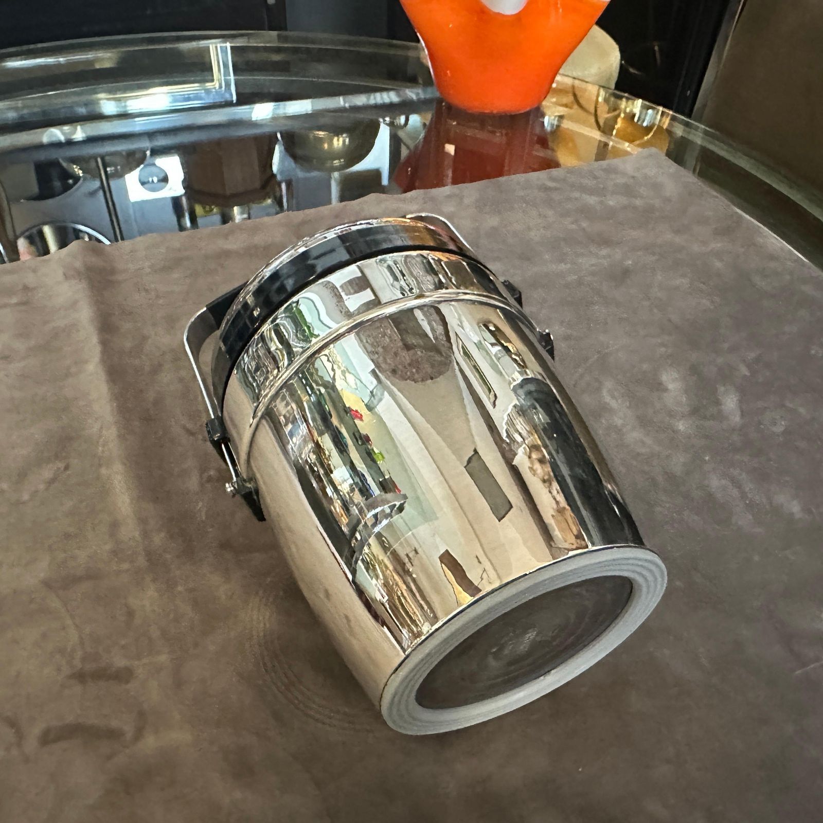 Home Decor 1970s Art Deco Style Chromed Metal And Black Plastic Ice Bucket By Erhard photo
