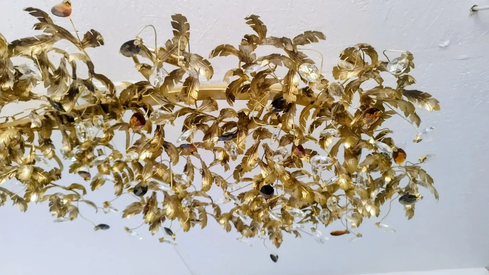 Large Monumental Wrought Iron Leaf & Crystal Rectangular Flush Mount Chandelier Hollywood Regency 1990ss photo Lighting
